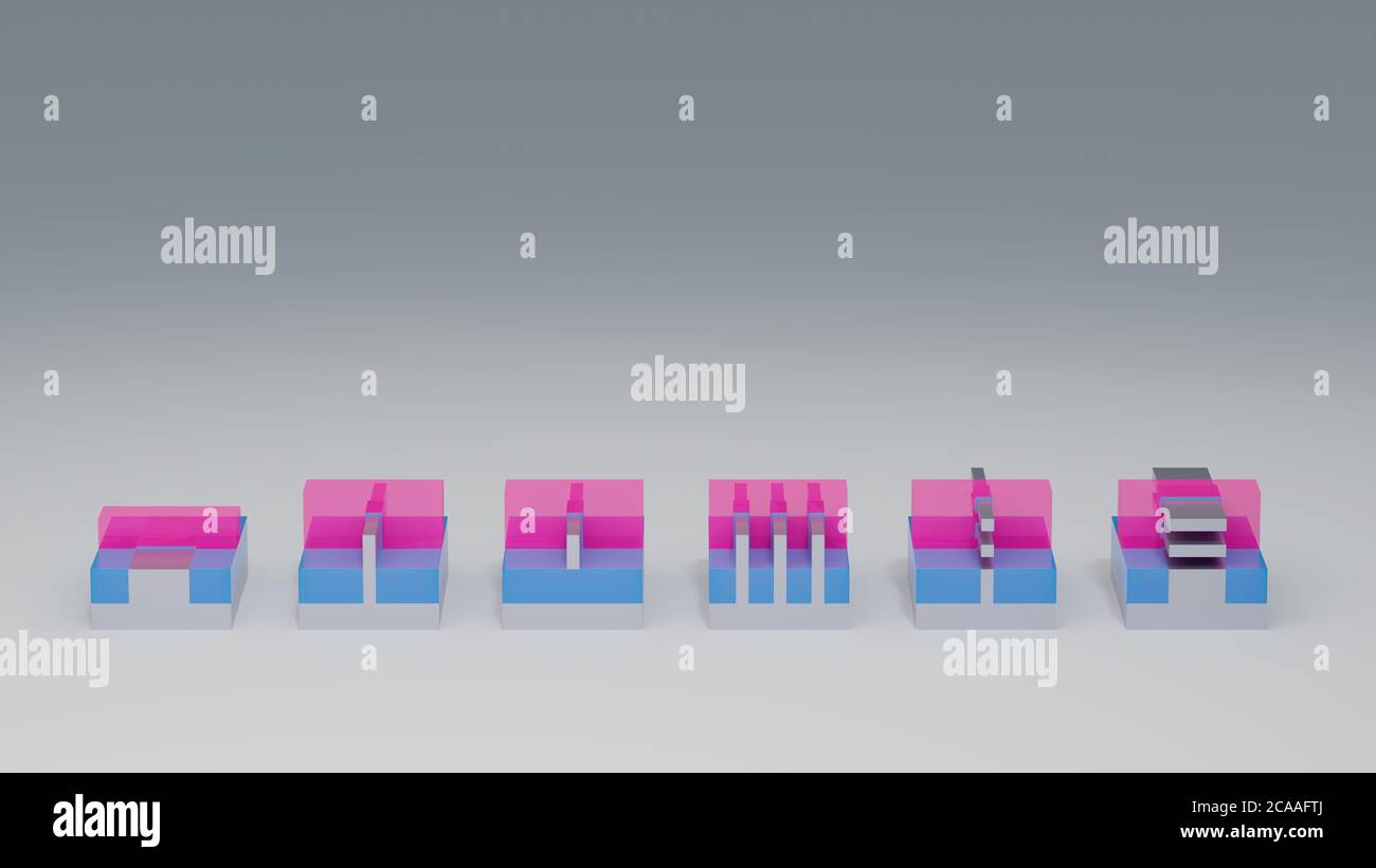 Évolution de la construction des transistors semi-conducteurs. Planar, FinFET, FinFET soi, TriGate FINFET, Nano Wire, Nano Ribbon transistors. Rendu 3D. Banque D'Images