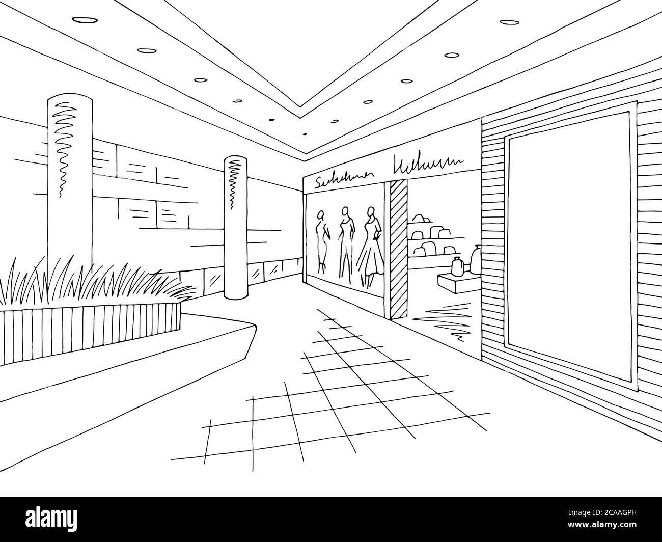 Illustration vectorielle d'un dessin d'intérieur noir blanc graphique de centre commercial Illustration de Vecteur