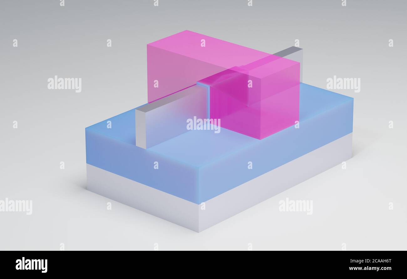 FINFET soi (silicium sur isolant) rendu 3D du transistor. Transistor FET à ailettes silicium sur isolant utilisé pour la construction de puces à semi-conducteurs . Rose - porte, b Banque D'Images