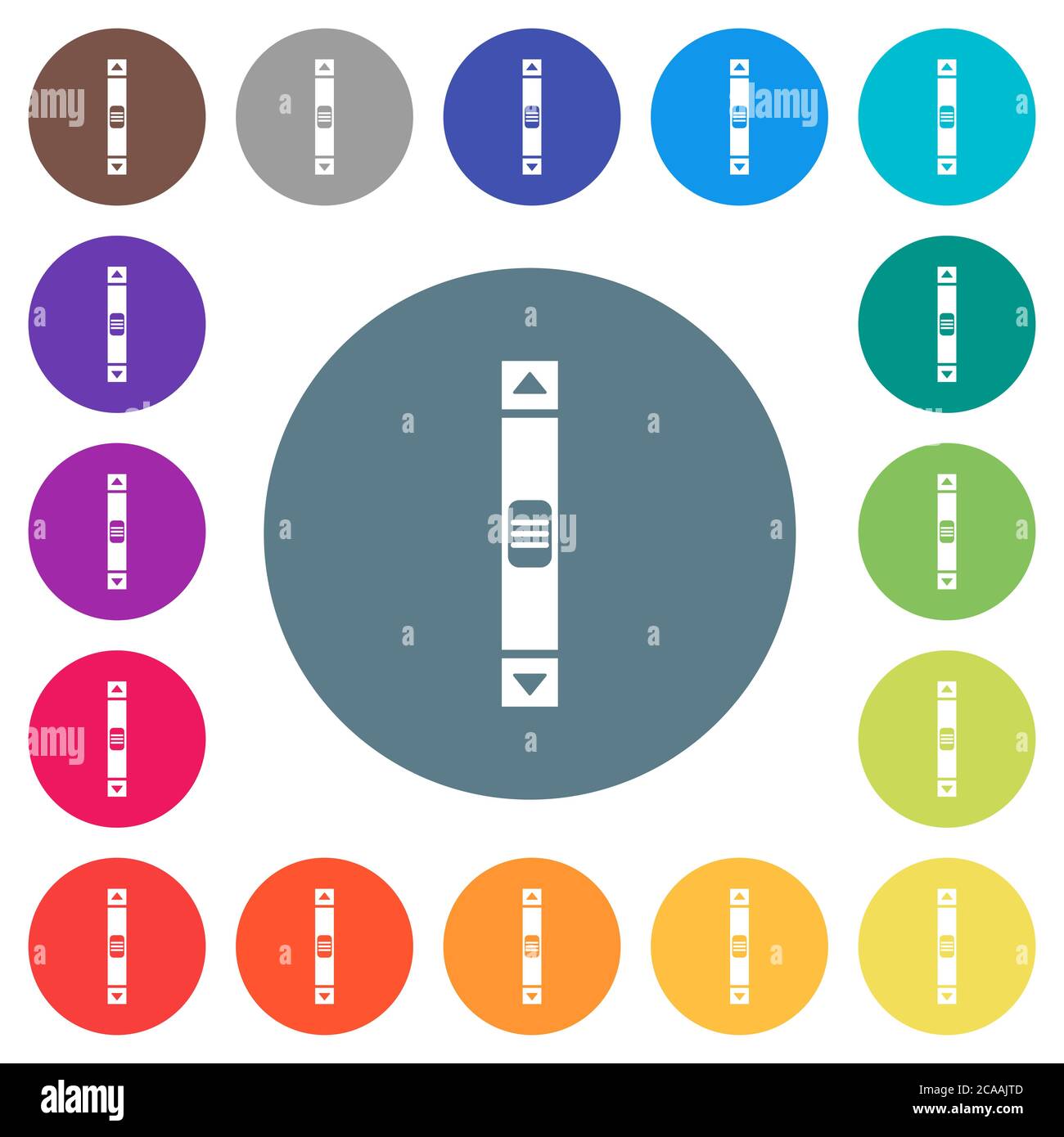 Icônes blanches plates de la barre de défilement verticale sur les arrière-plans de couleur ronde. 17 couleurs d'arrière-plan sont incluses. Illustration de Vecteur