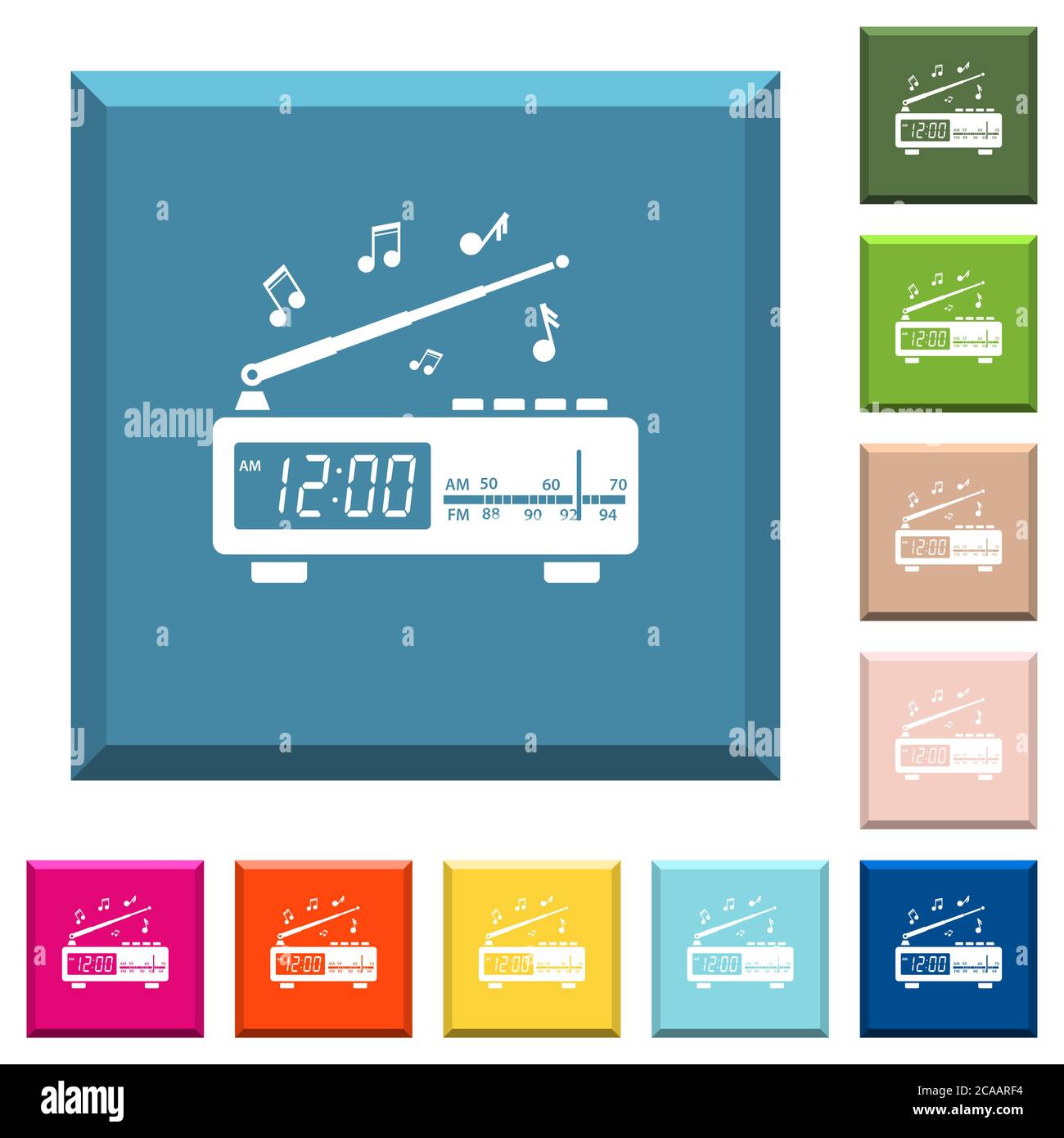 Radio-réveil vintage avec icônes de musique blanche sur des boutons carrés bordés dans diverses couleurs tendance Illustration de Vecteur