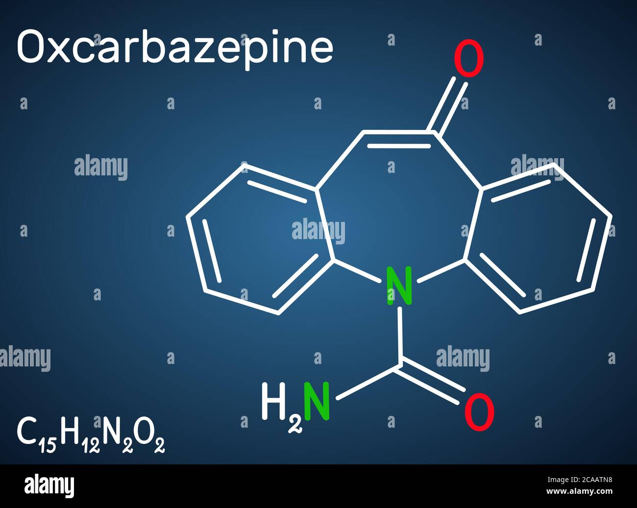 Oxcarbazepine, molécule C15H12N2O2. Il est antiépileptique, anticonvulsant médicament utilisé dans le traitement des crises, l'épilepsie, le trouble bipolaire. Structure che Illustration de Vecteur