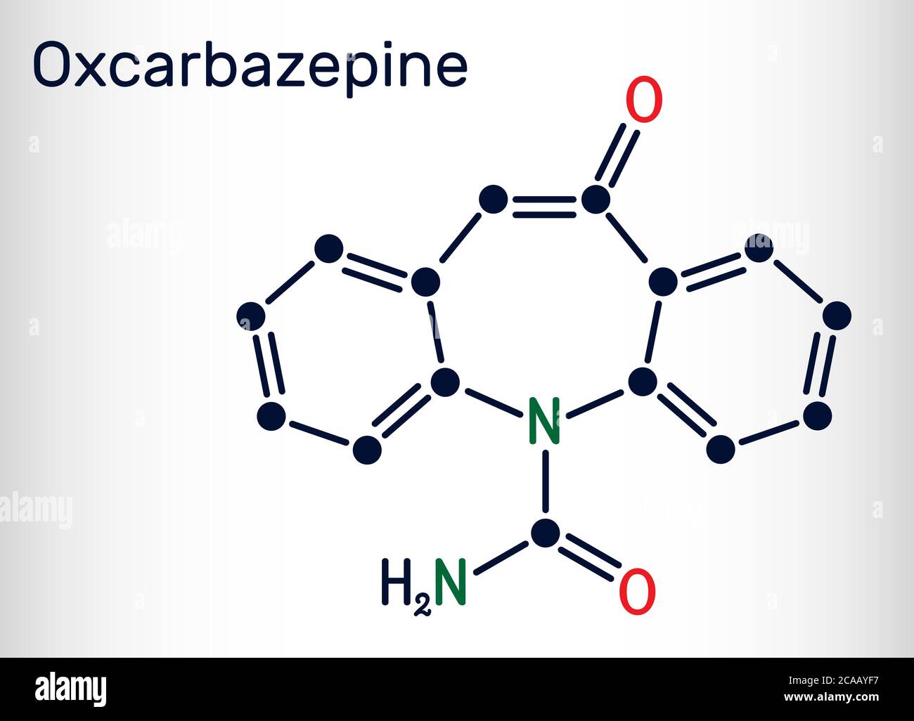 Oxcarbazepine, molécule C15H12N2O2. Il est antiépileptique, anticonvulsant médicament utilisé dans le traitement des crises, l'épilepsie, le trouble bipolaire. Chimie squelettique Illustration de Vecteur
