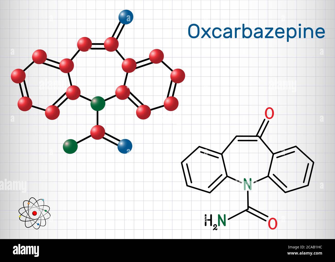 Oxcarbazepine, molécule C15H12N2O2. Il est antiépileptique, anticonvulsant médicament utilisé dans le traitement des crises, l'épilepsie, le trouble bipolaire. Feuille de papier Illustration de Vecteur