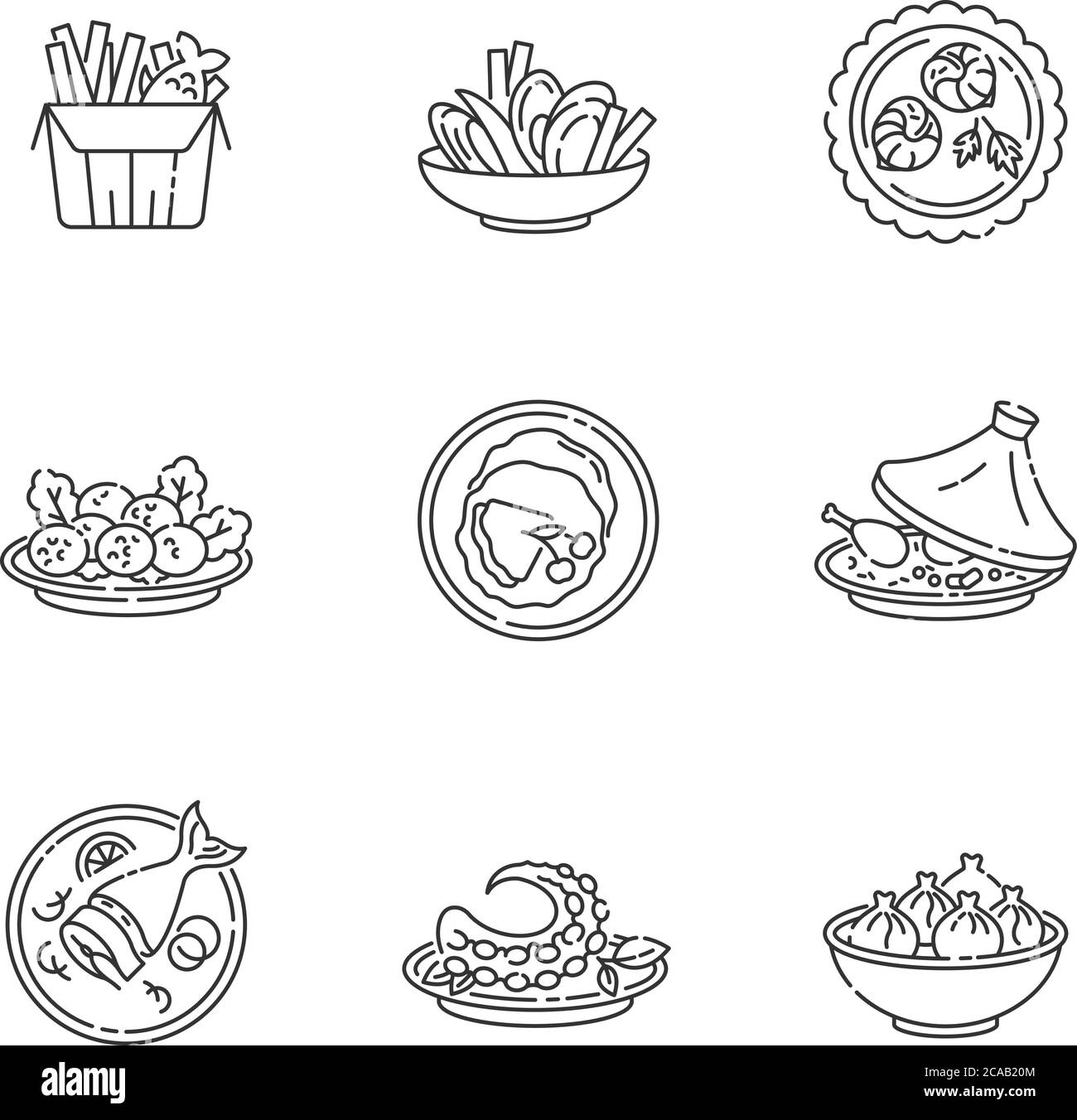 Restaurant plats pixel Perfect icônes linéaires ensemble. Poisson et frites. Frites Moules. Plat de falafel. Symboles de contour de ligne mince personnalisables. Vecteur isolé Illustration de Vecteur