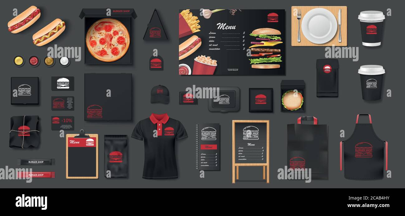Black Mockup pour pizzeria, café, restauration rapide. Maquette de marque avec pizza, menu de rue, hamburger, hot dog, forfait. Café, forfait restauration rapide Illustration de Vecteur