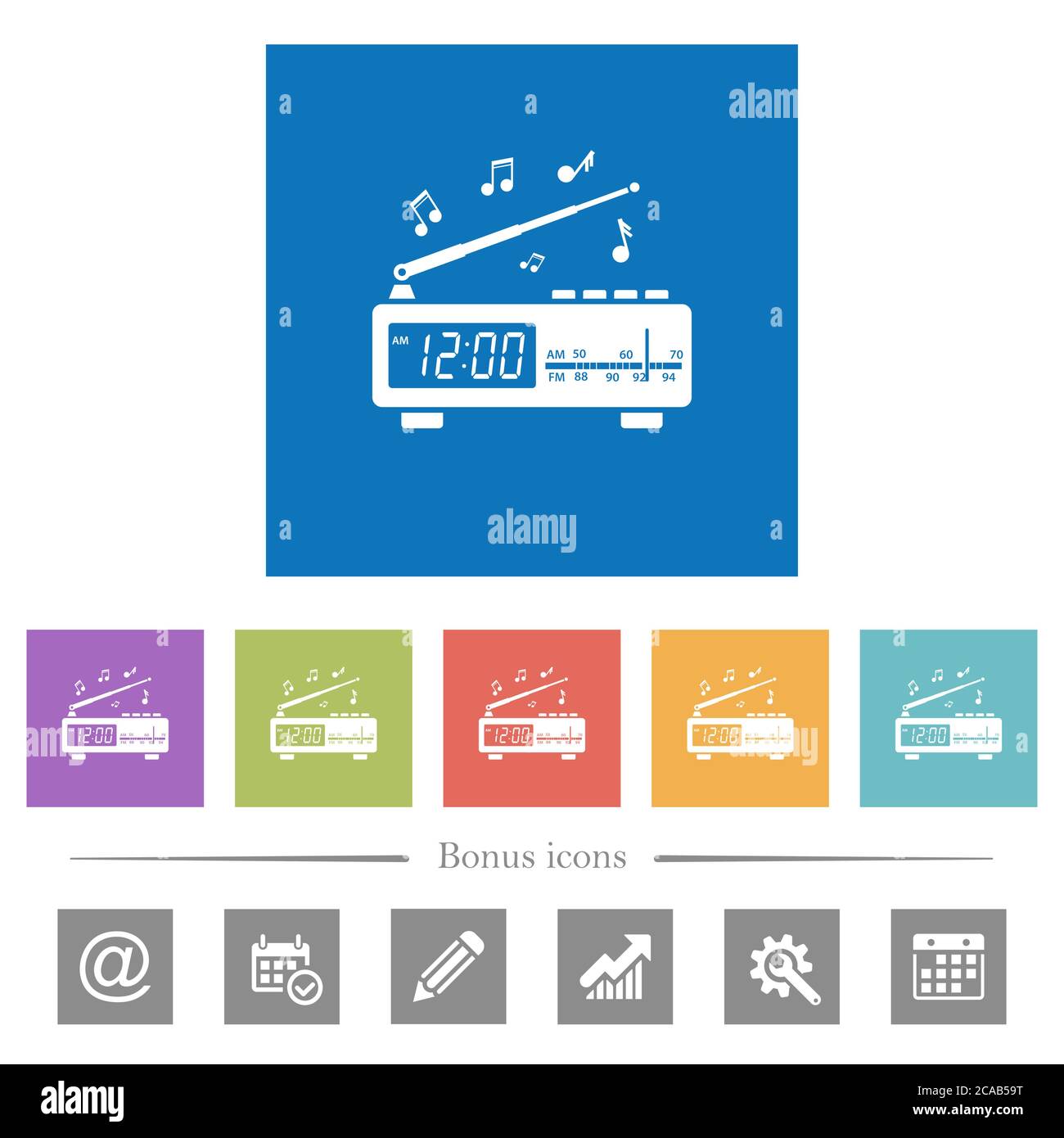 Radio-réveil vintage avec icônes blanches plates sur fond carré. 6 icônes bonus incluses. Illustration de Vecteur