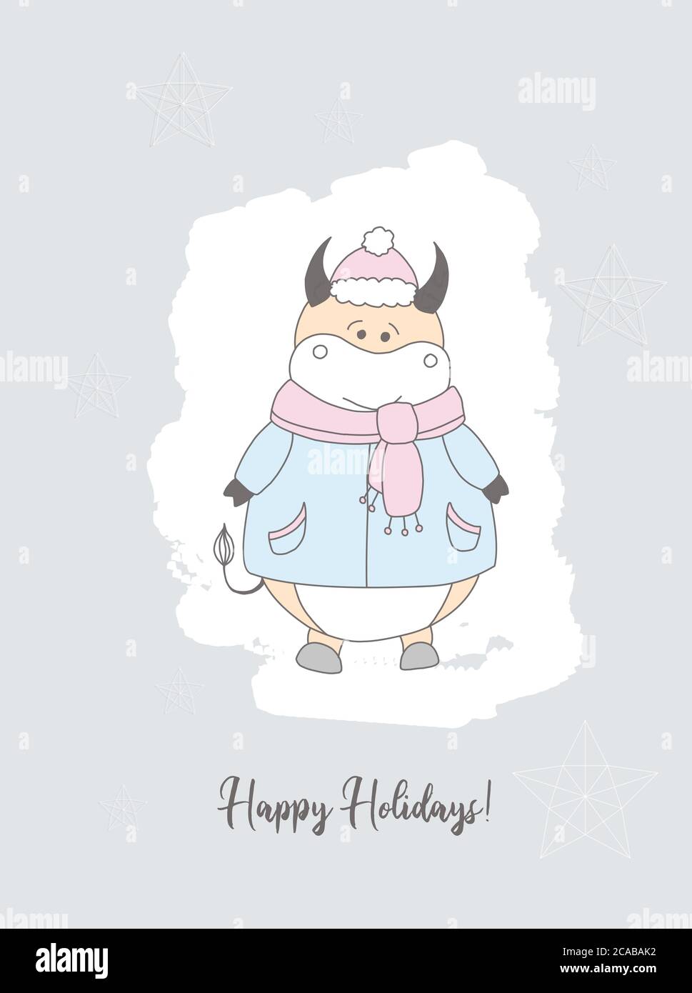 Carte de Noël. Année de la carte postale de taureau. Affiche. Caractère OX Illustration de Vecteur