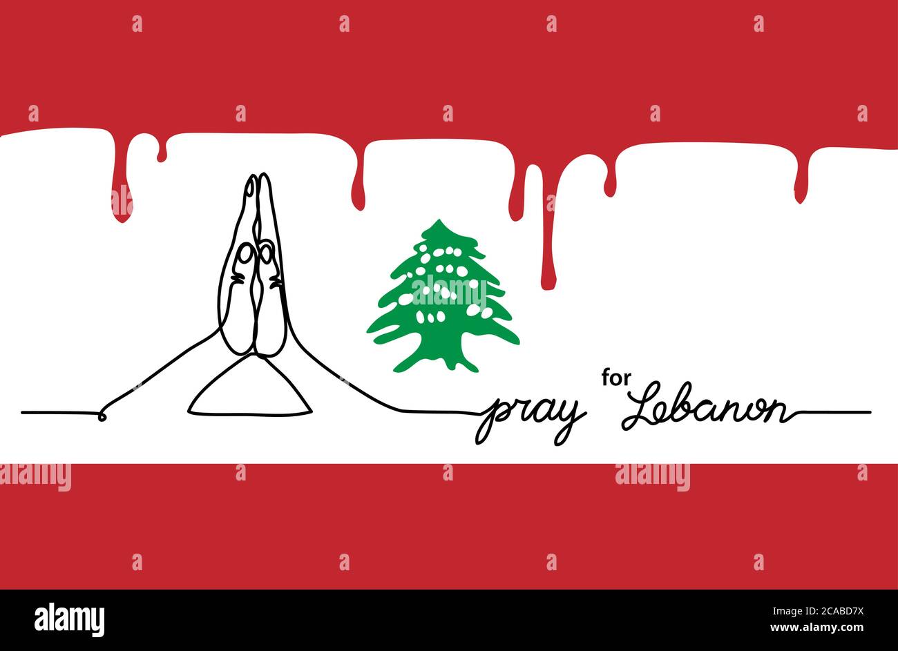 Priez pour le Liban bannière web simple, arrière-plan avec drapeau et carte et geste de prière . Un dessin de ligne continu avec lettrage Liban Illustration de Vecteur
