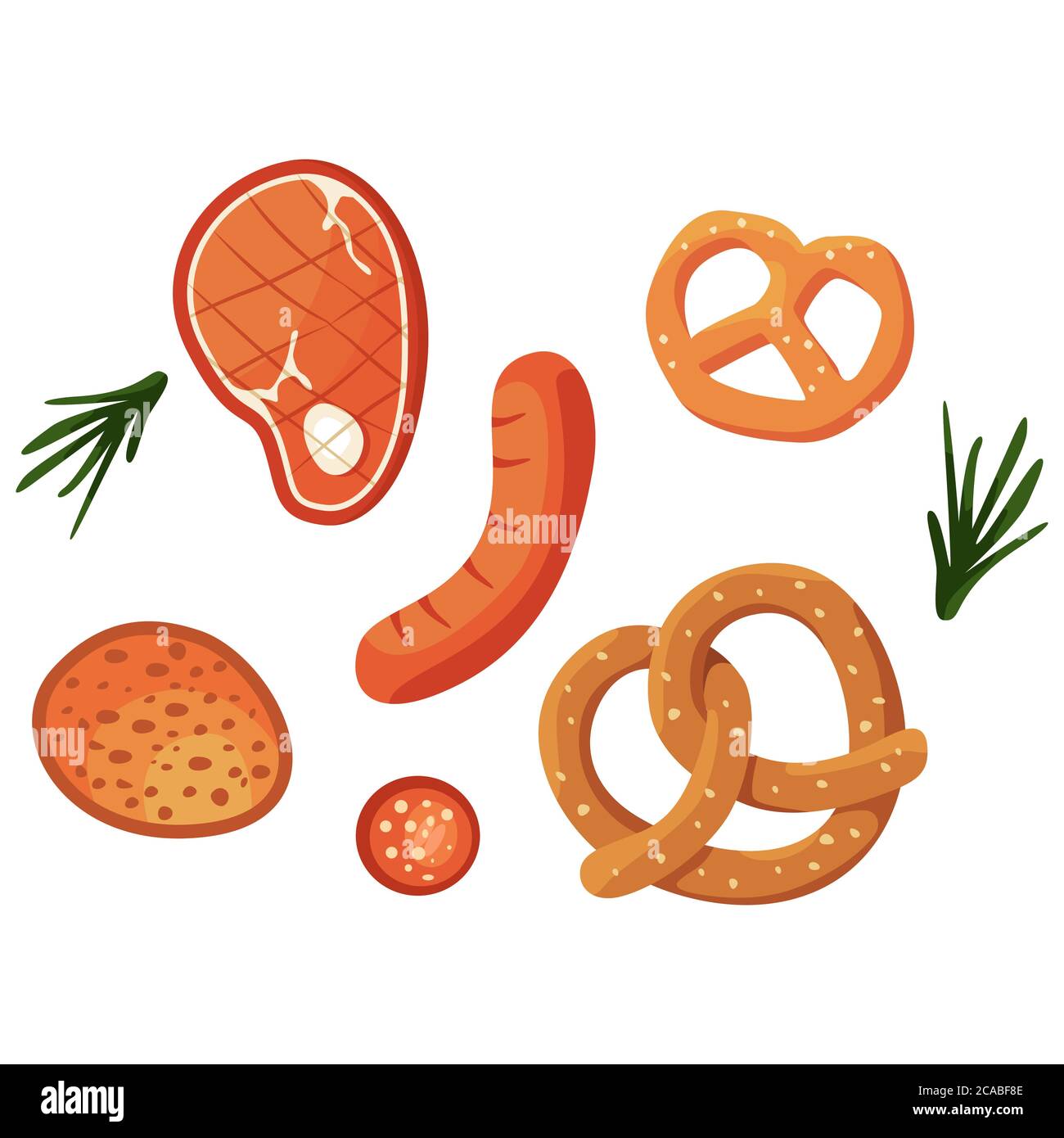 Autocollant viande barbecue sur fond blanc isolé. Bretzel et romarin pour invitation ou carte-cadeau, carnet, logo de pub de bière, album. Étui de téléphone ou c Illustration de Vecteur