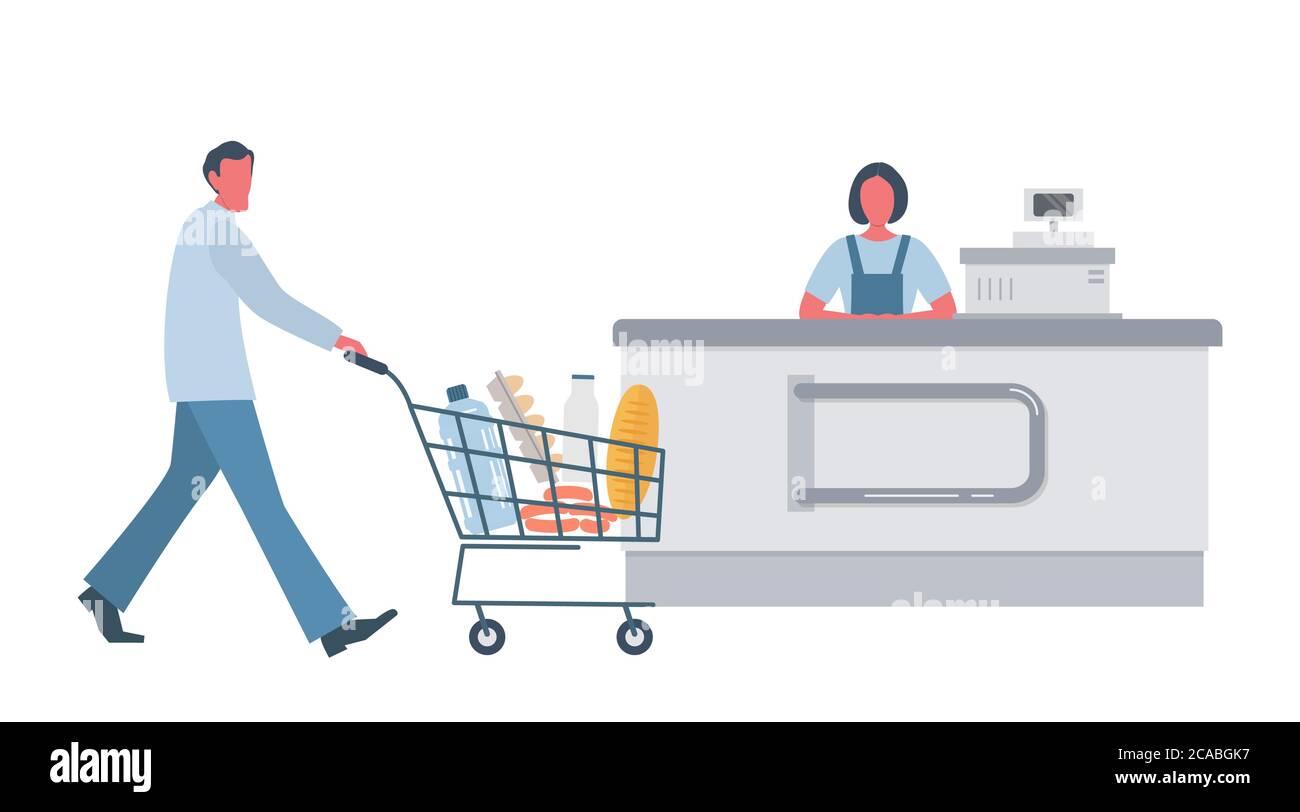 Supermarché près de la caisse. Il porte un panier rempli de nourriture et de boissons. Caissier du supermarché derrière la caisse. Vecteur Illustration de Vecteur