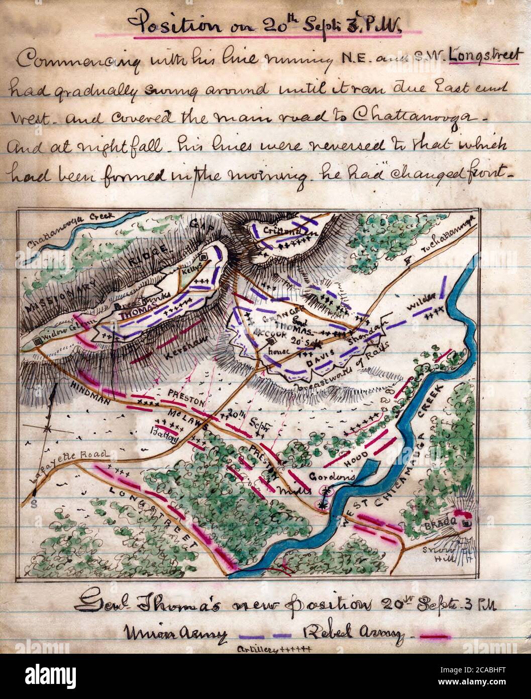 Nouvelle position du général Thomas le 20 septembre 3 h - la carte montre l'emplacement des troupes de l'Union et de la Confédération entre la crête Missionnaire et le ruisseau West Chickamauga. Après que les confédérés aient réussi à briser les lignes de l'Union, la majorité des forces de l'Union se sont retirées vers Chattanooga. Le général de l'Union George H. Thomas et ses hommes se sont maintenus dans une position précaire sur Snodgrass Hill et ont repoussé l'assaut après l'assaut. Bataille de Chickamauga - guerre civile aux États-Unis Banque D'Images