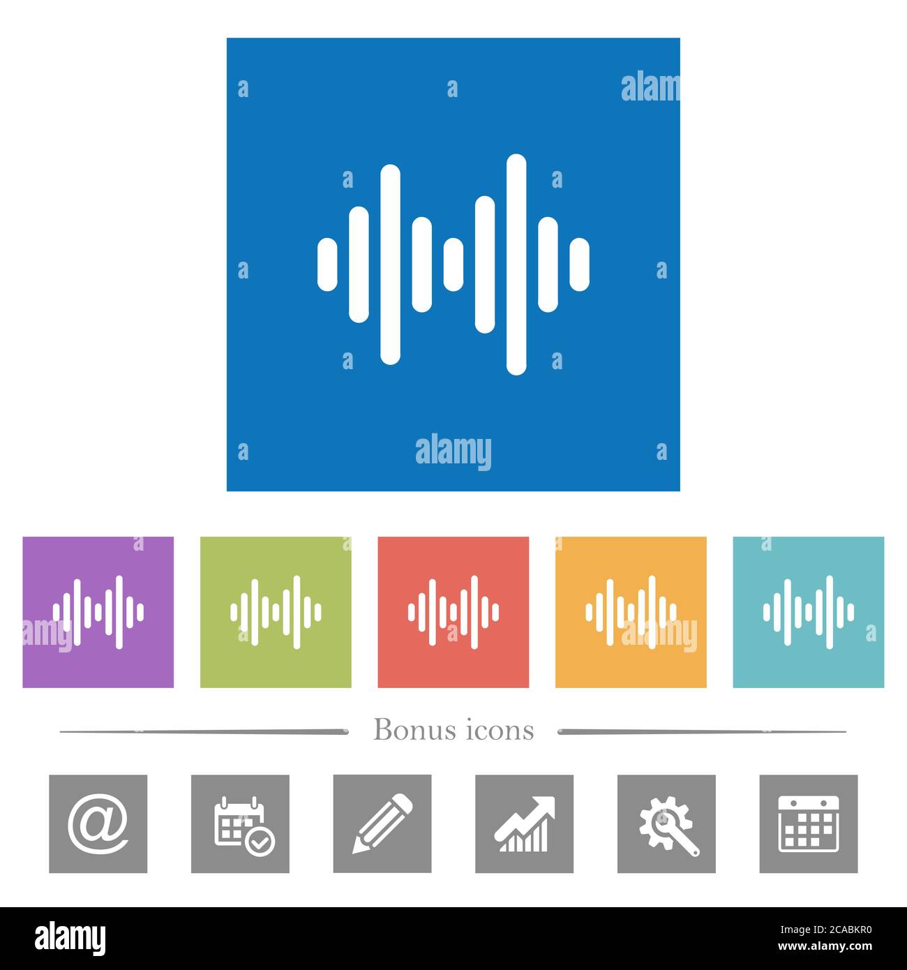 Icônes blanches plates d'onde sonore sur fond carré. 6 icônes bonus incluses. Illustration de Vecteur
