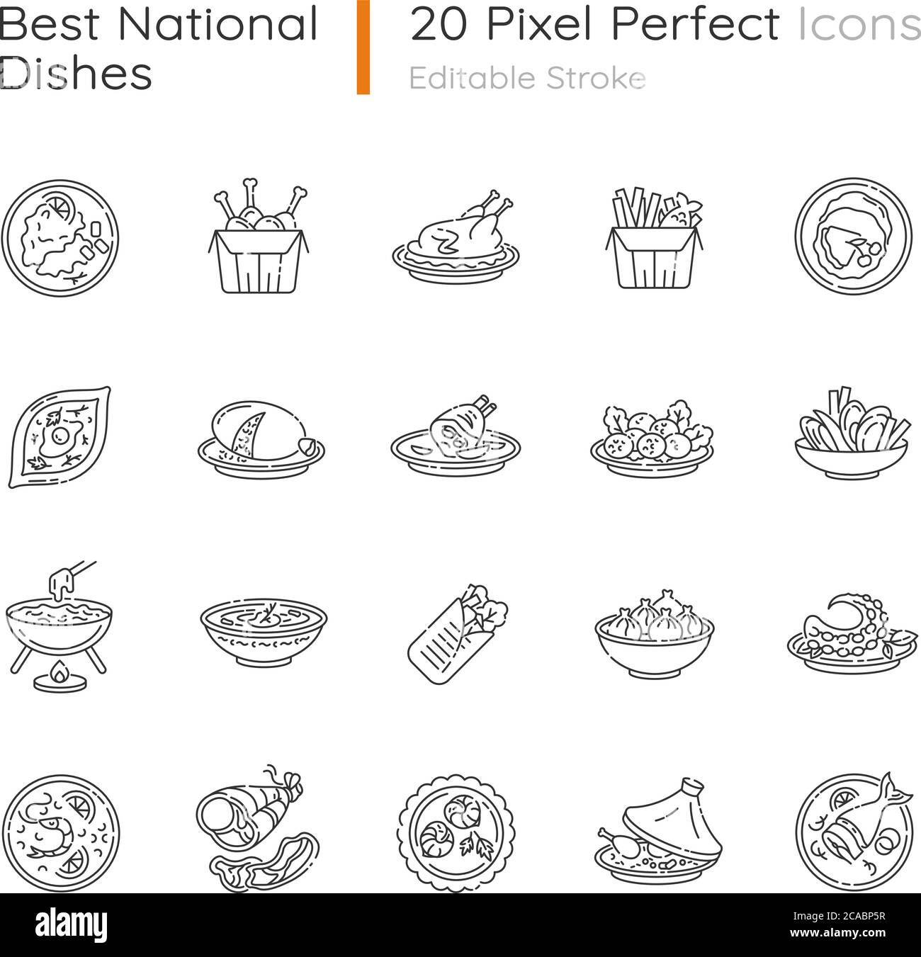 Le meilleur jeu d'icônes linéaires de pixel de plat national parfait. Repas traditionnel pour les attractions touristiques. Recette du déjeuner. Symboles de contour de ligne mince personnalisables. Isol Illustration de Vecteur