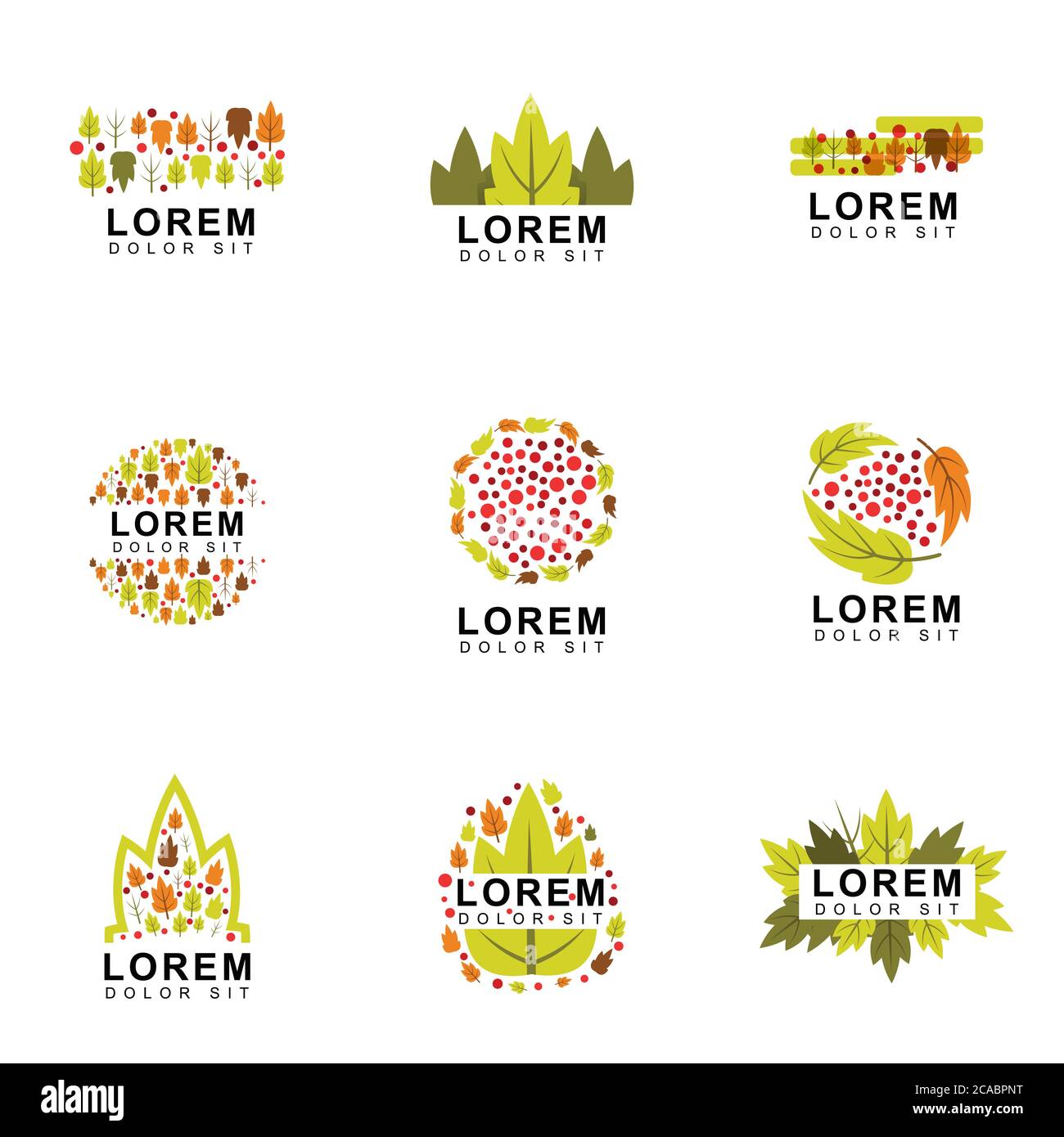 Neuf logos d'automne avec feuilles brunes et vertes, forêts, cerises, saisonnières. Conçus pour la sécurité de l'environnement et de la santé. Adaptés à la botanique, l'agroalimentaire Illustration de Vecteur Neuf logos d'automne avec feuilles brunes et vertes, forêts, cerises, saisonnières. Conçus pour la sécurité de l'environnement et de la santé. Adaptés à la botanique, l'agroalimentaire Illustration de Vecteur