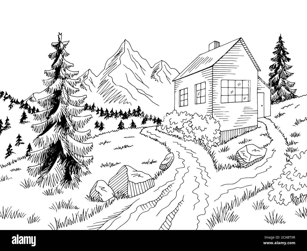 Mountain House route graphique noir blanc paysage dessin illustration vecteur Illustration de Vecteur