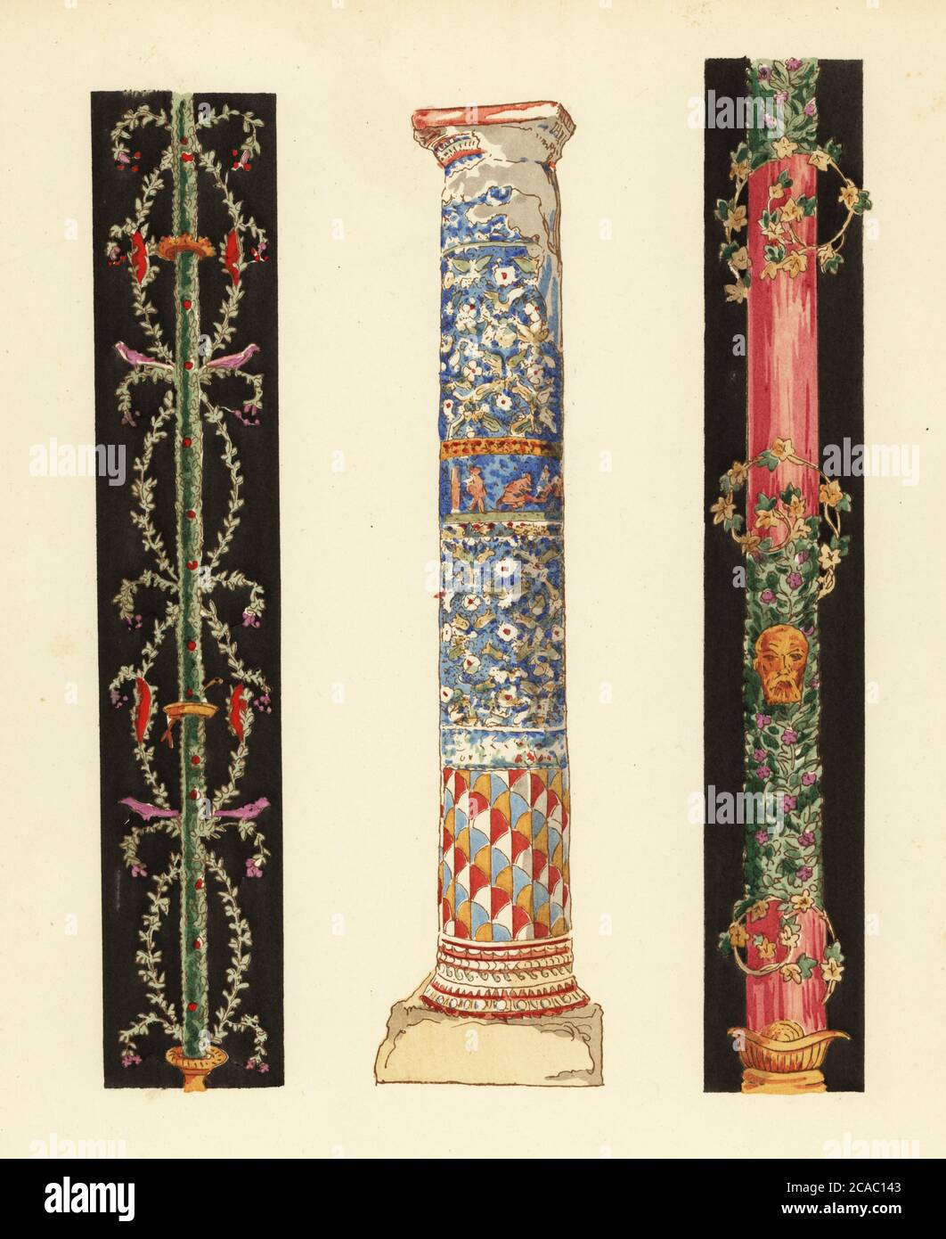 Bougies décoratives de style "quatrième Pompeian" (1,3) et colonne de mosaïque émaillée (2), Pompéi. Au Musée de Naples. Candelabres décoraqués du style quatrième, colonne de mosaïque d’email, Musée de Naples. Pochoeur de couleur main (pochoir) lithographie de Pierre Guzman de sa propre Décoration murale a Pompei, (décoration murale à Pompéi), Éditions Albert Morance), Paris, 1924. Banque D'Images