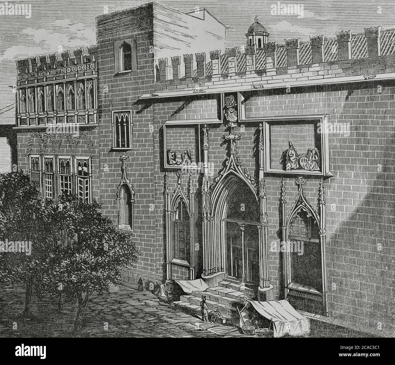 Espagne, Valence. Extérieur du bâtiment Silk Exchange (Llotja de la Seda). Style gothique. Gravure, 19e siècle. Cronica général de España. Historia Ilustrada y Descriptiva de sus Provincias. Valence, 1867. Banque D'Images