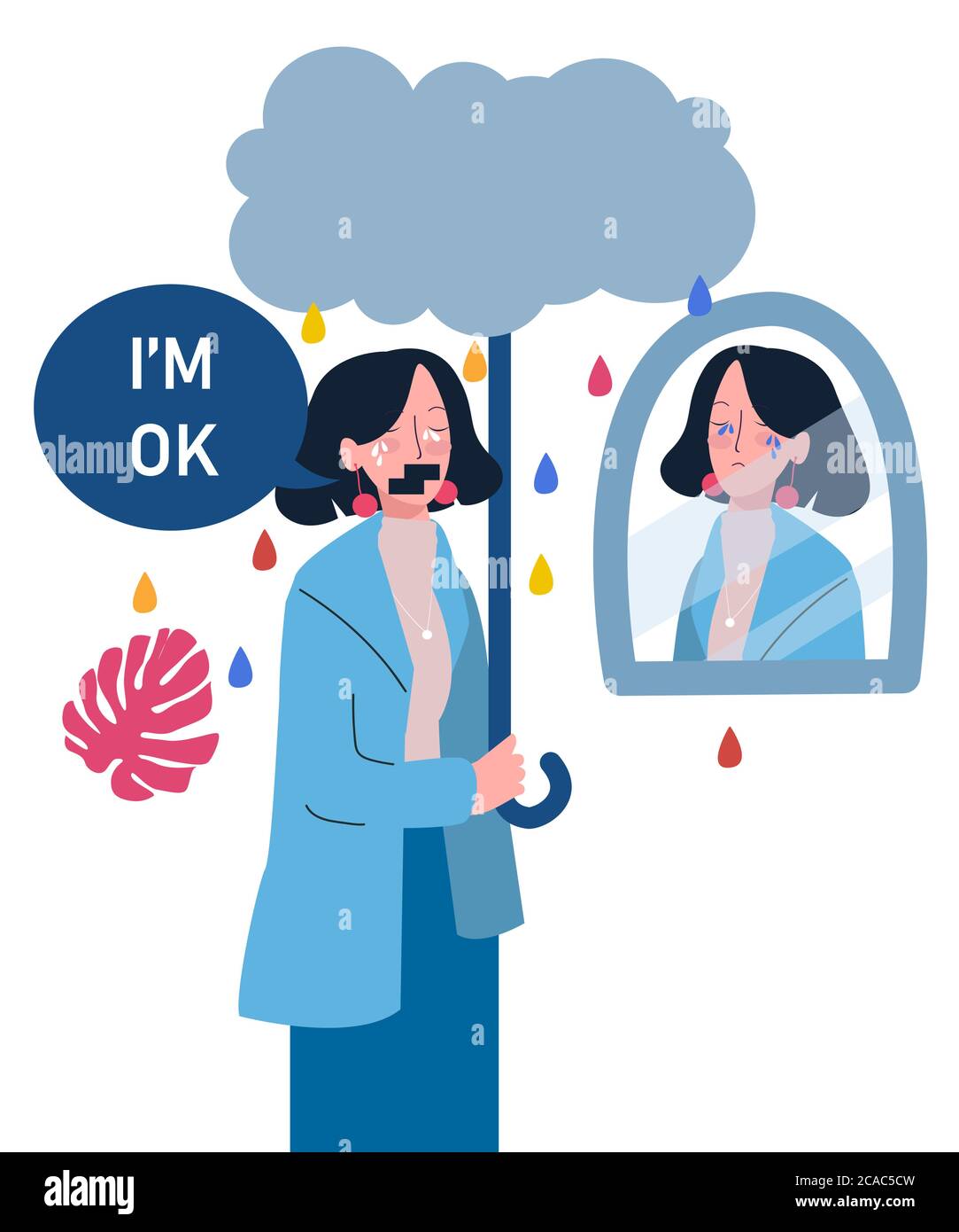 femmes sorrow expression tenant bâton look dans le miroir nuage gouttes de pluie eau couleur auto-maintien avec le style de dessin animé plat Illustration de Vecteur