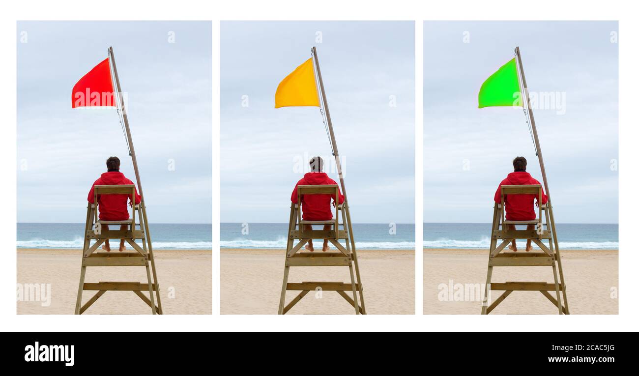 Trois options sur la plage. Le maître-nageur assis avec trois drapeaux différents Banque D'Images Trois options sur la plage. Le maître-nageur assis avec trois drapeaux différents Banque D'Images