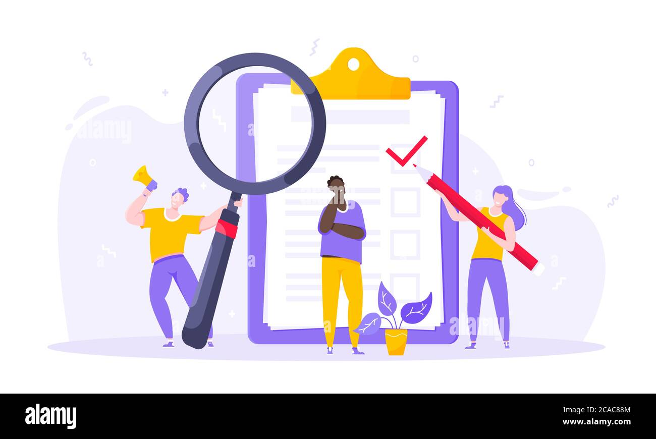Tâche fait business concept minuscules personnes avec mégaphone, loupe et crayon Illustration de Vecteur