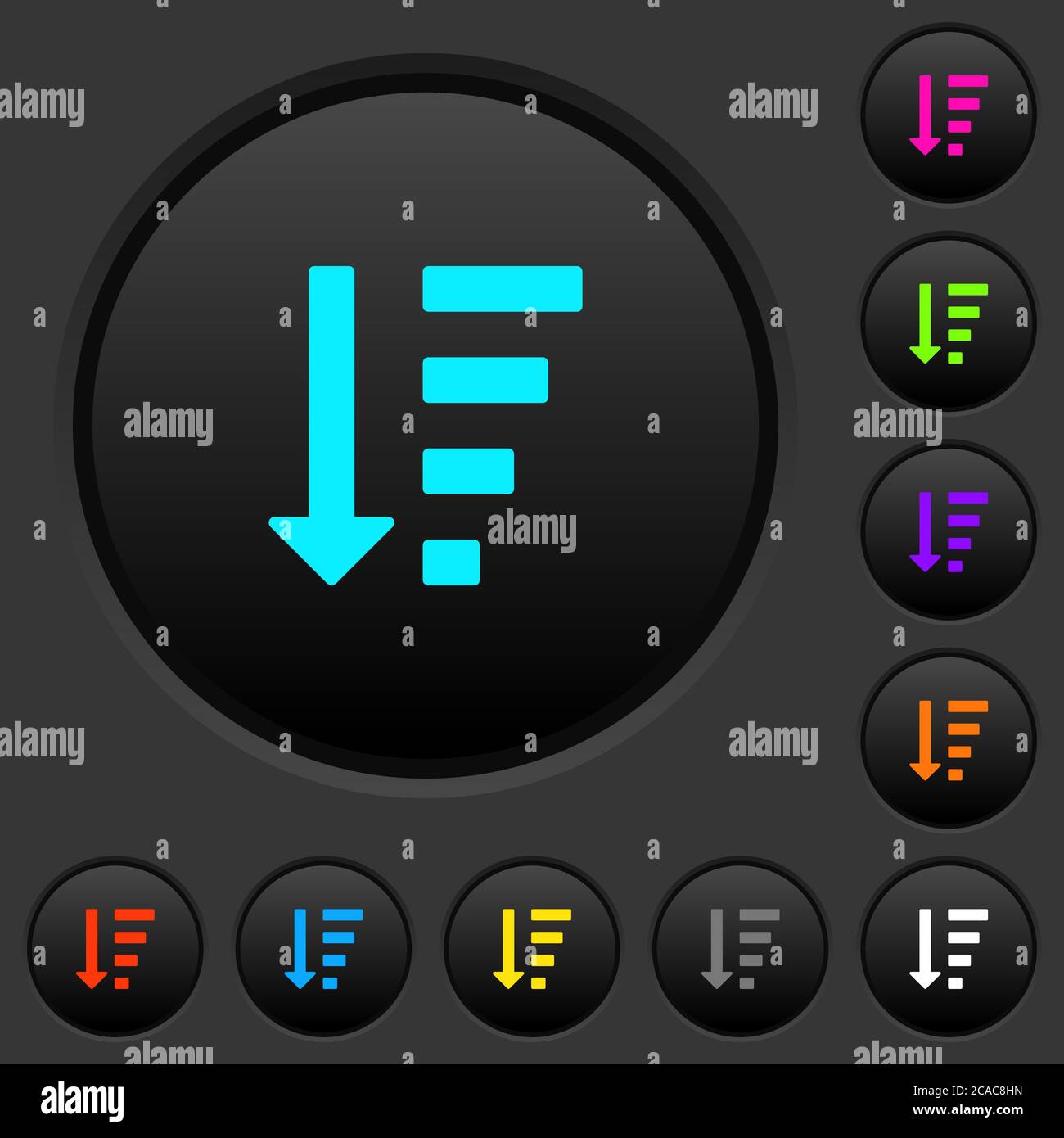 Boutons-poussoirs sombres en mode liste ordonnée décroissant avec icônes de couleur vive sur fond gris foncé Illustration de Vecteur
