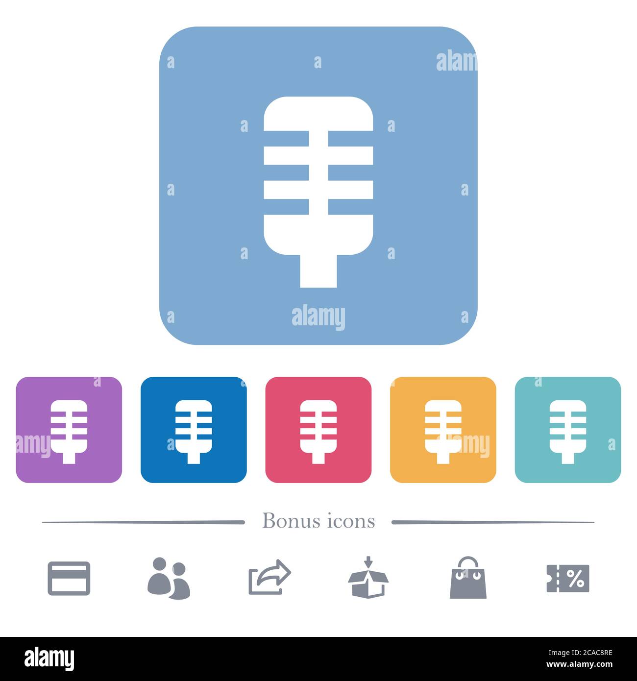 Icônes plates blanches du microphone sur arrière-plans carrés de couleur arrondie. 6 icônes bonus incluses Illustration de Vecteur