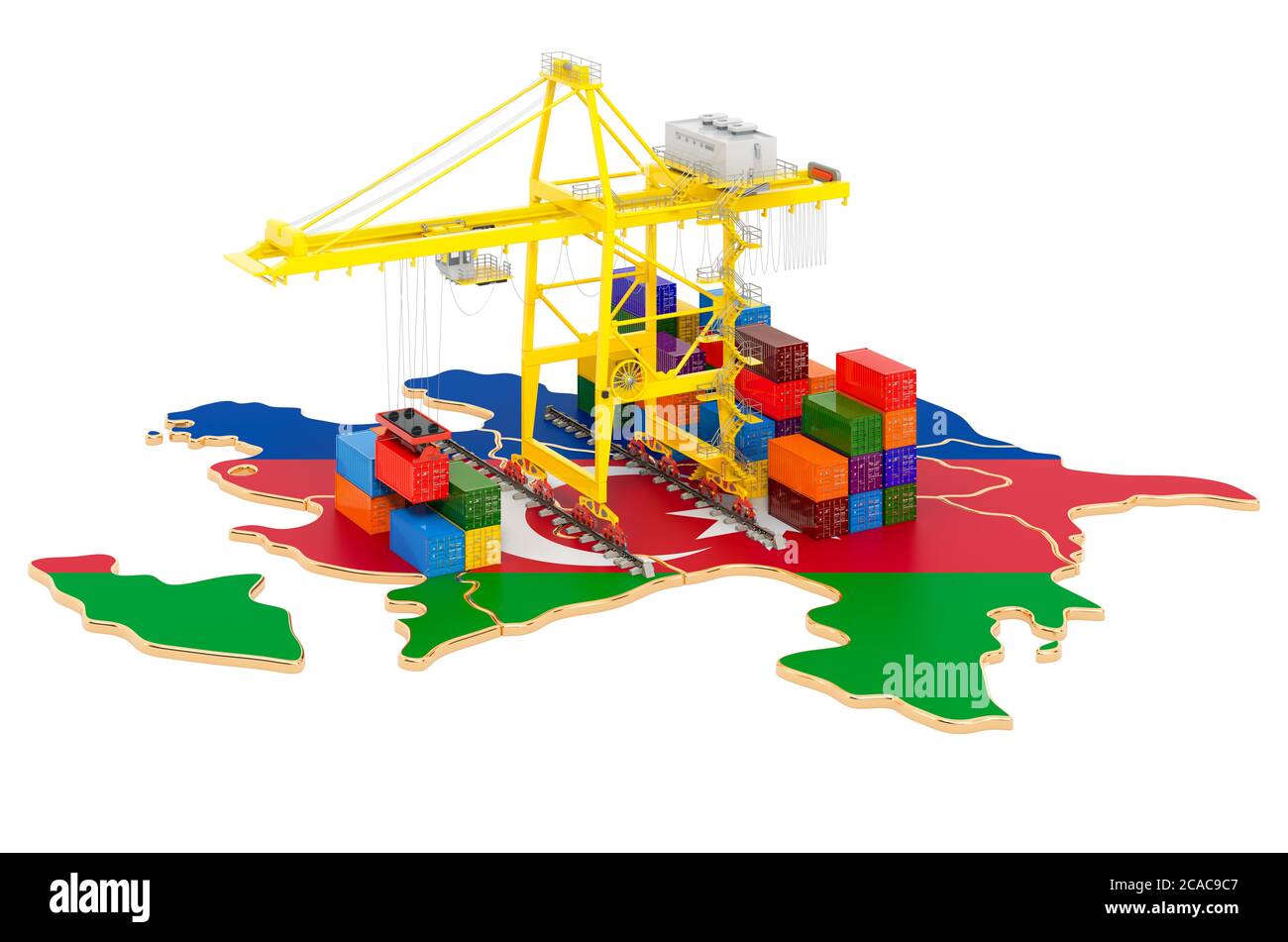 Transport de marchandises en Azerbaïdjan concept. Grues de port avec conteneurs de fret sur la carte azerbaïdjanaise. Rendu 3D isolé sur fond blanc Banque D'Images