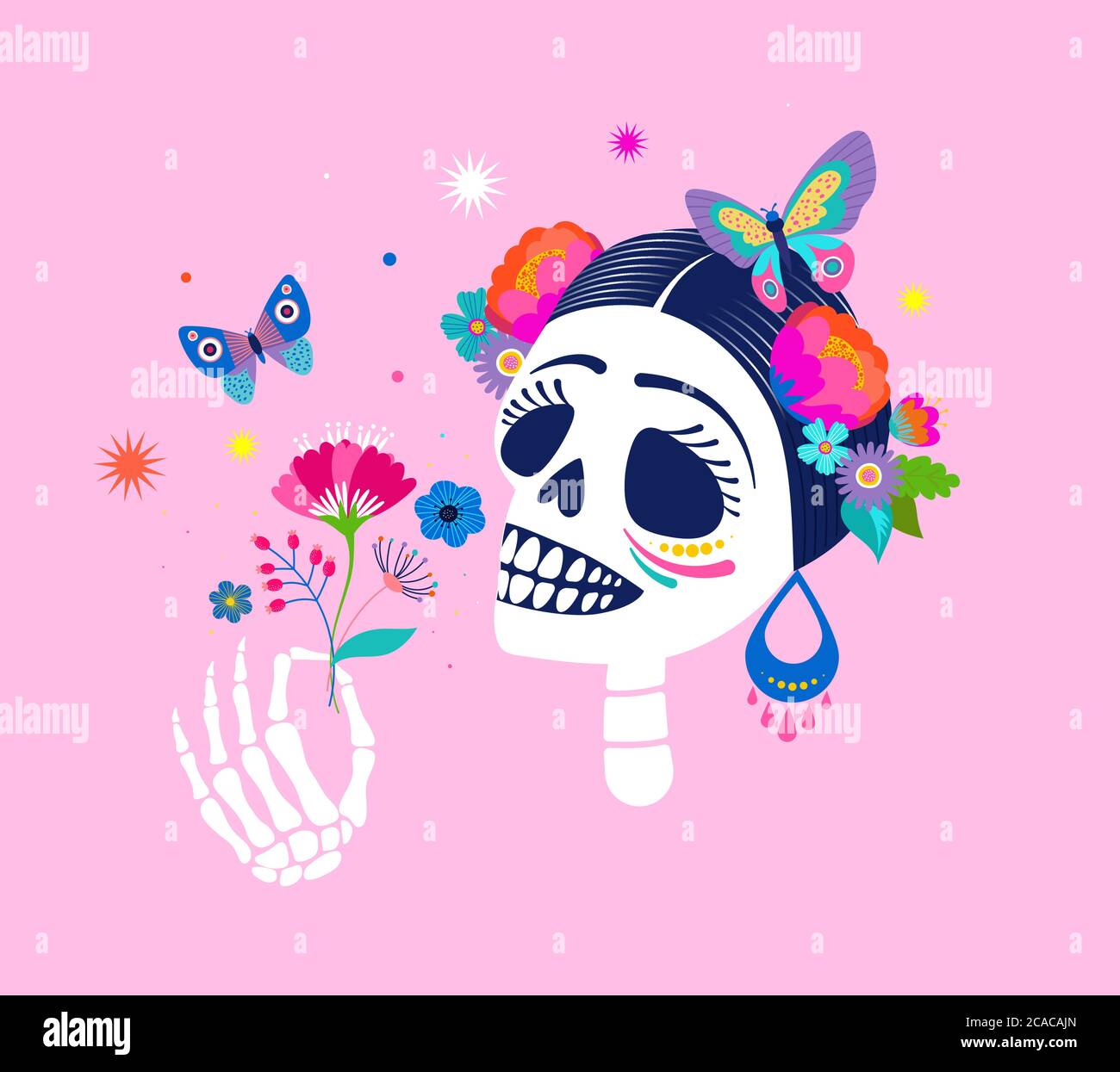 Dia de los muertos, jour des morts, vacances mexicaines, festival. Femme crâne avec maquillage de Catarina avec fleurs couronne. Affiche, bannière et carte avec Illustration de Vecteur