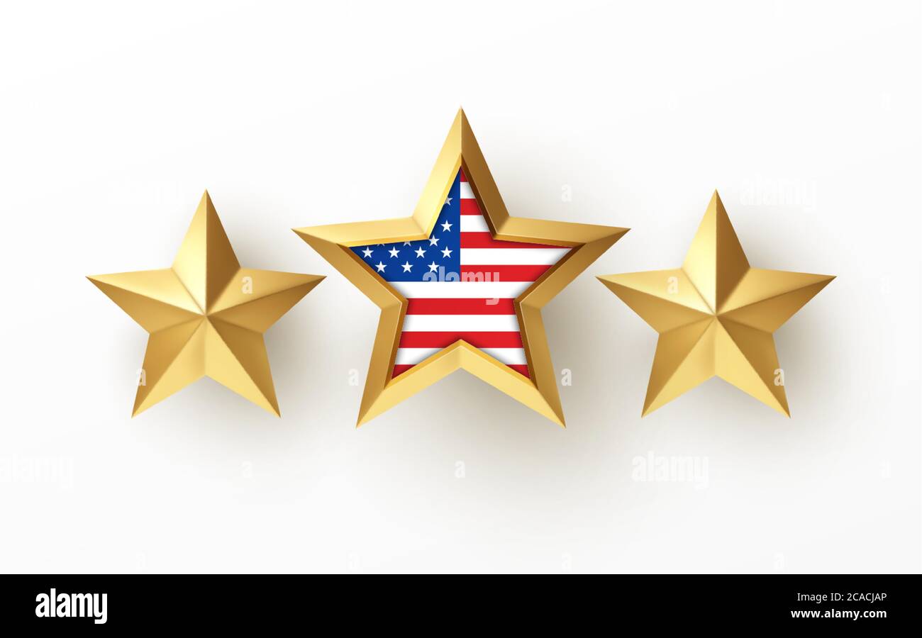 Étoile 3d Golden Realistic avec drapeau américain isolé sur fond blanc