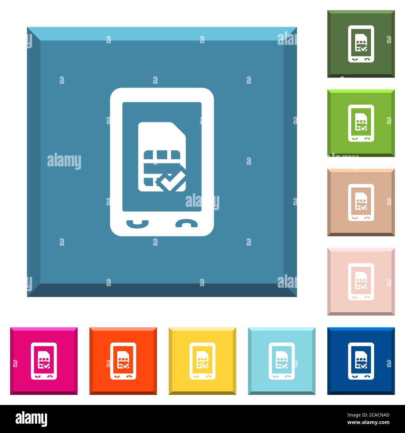 Mobile simcard accepte des icônes blanches sur des boutons carrés bordés dans diverses couleurs tendance Illustration de Vecteur