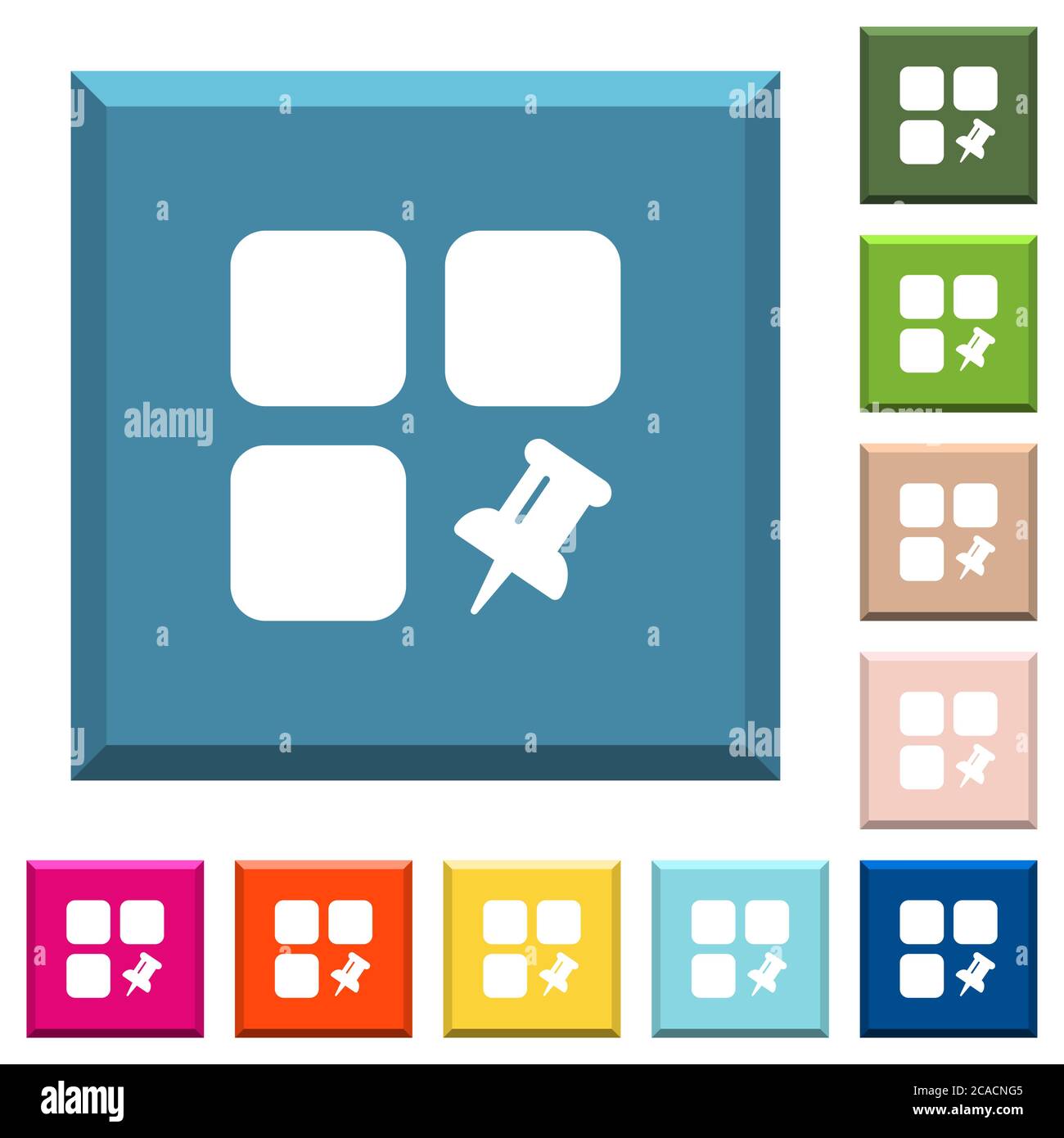 Épinglez les icônes blanches des composants sur les boutons carrés à bords dans différentes couleurs tendance Illustration de Vecteur