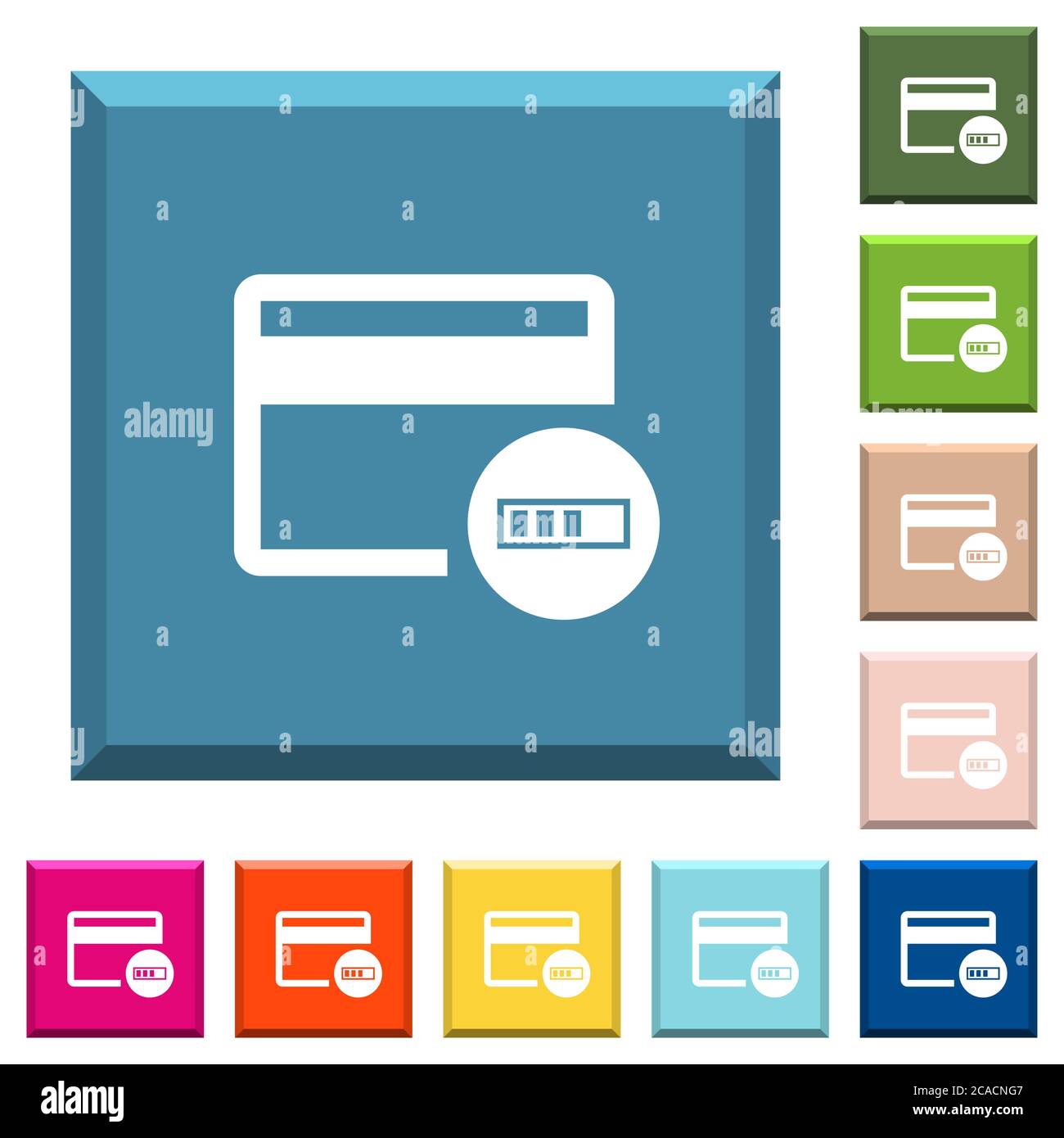 Vérification des icônes blanches de carte de crédit sur les boutons carrés bordés dans diverses couleurs tendance Illustration de Vecteur