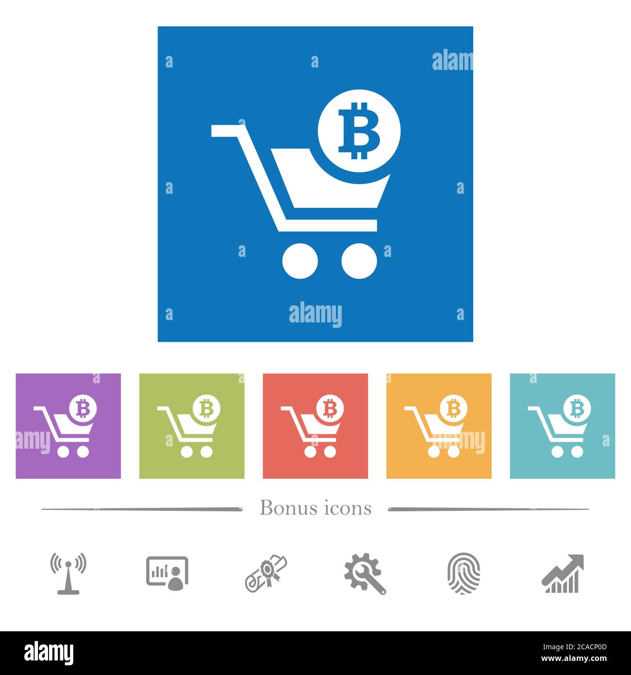 Paiement avec des icônes blanches plates de chariot Bitcoin sur fond carré. 6 icônes bonus incluses. Illustration de Vecteur