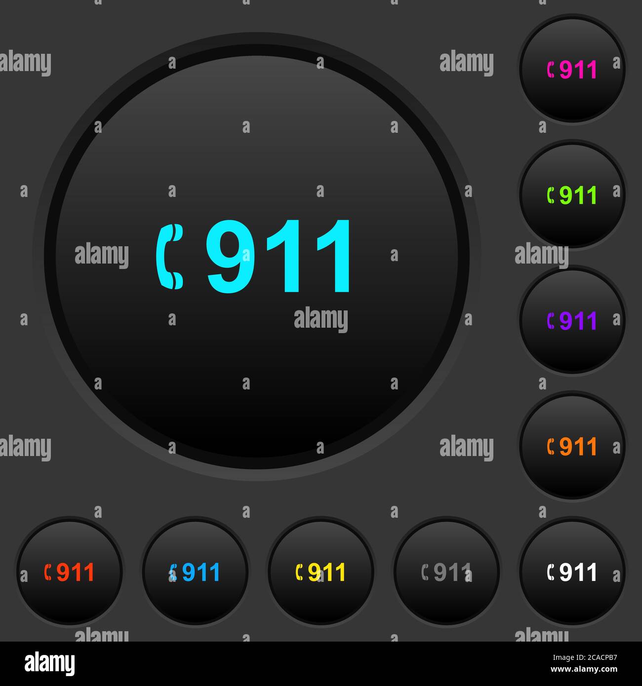 Appel d'urgence 911 boutons-poussoirs sombres avec icônes de couleur vive sur fond gris foncé Illustration de Vecteur