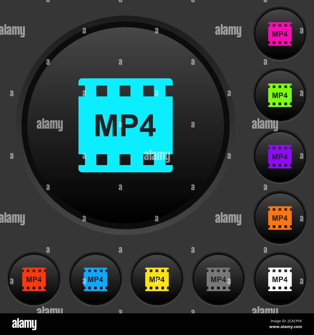 boutons-poussoirs sombres au format de film mp4 avec icônes de couleur vive sur fond gris foncé Illustration de Vecteur