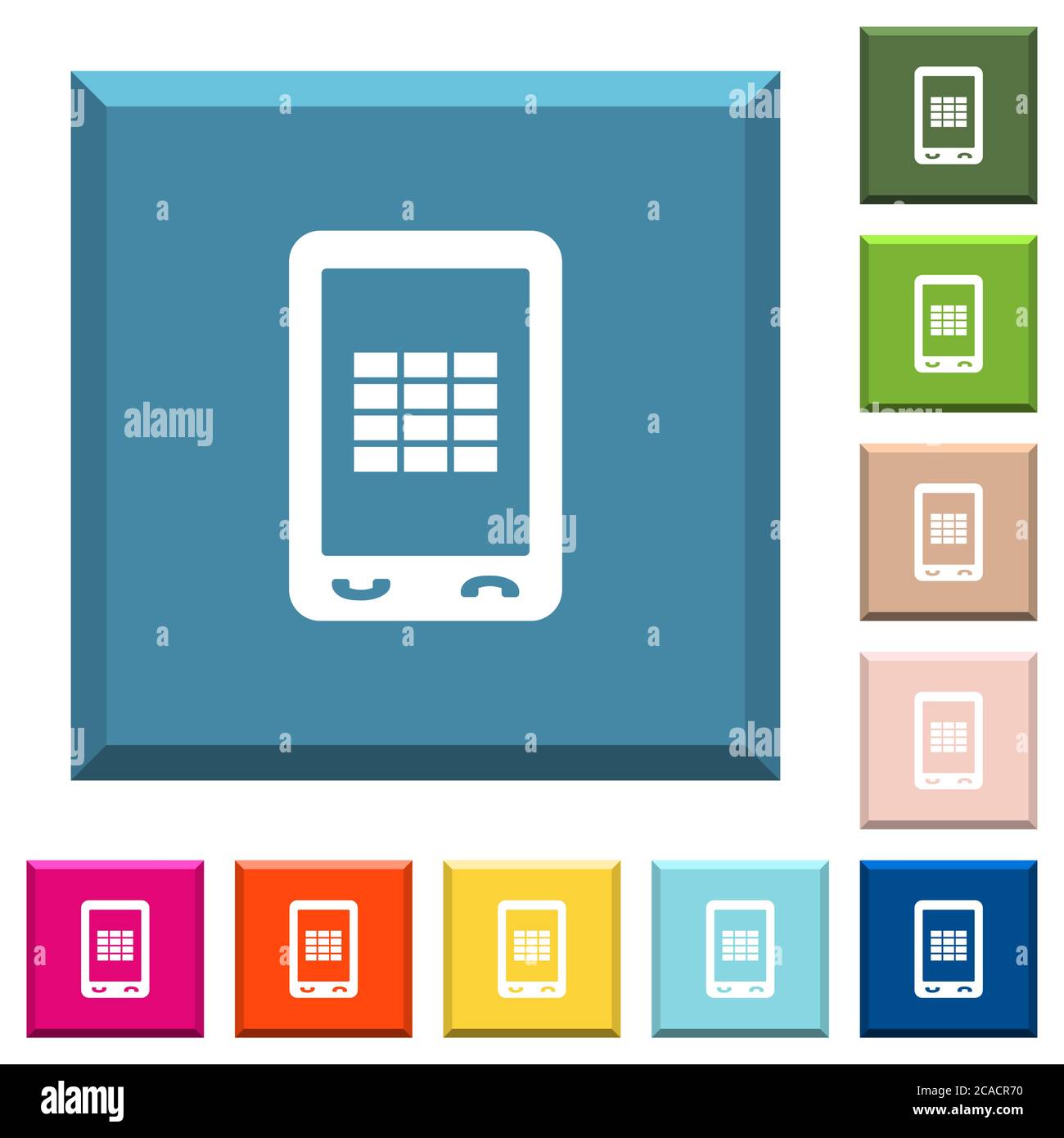 Les icônes blanches de la feuille de calcul mobile sur les boutons carrés à bords dans diverses couleurs tendance Illustration de Vecteur