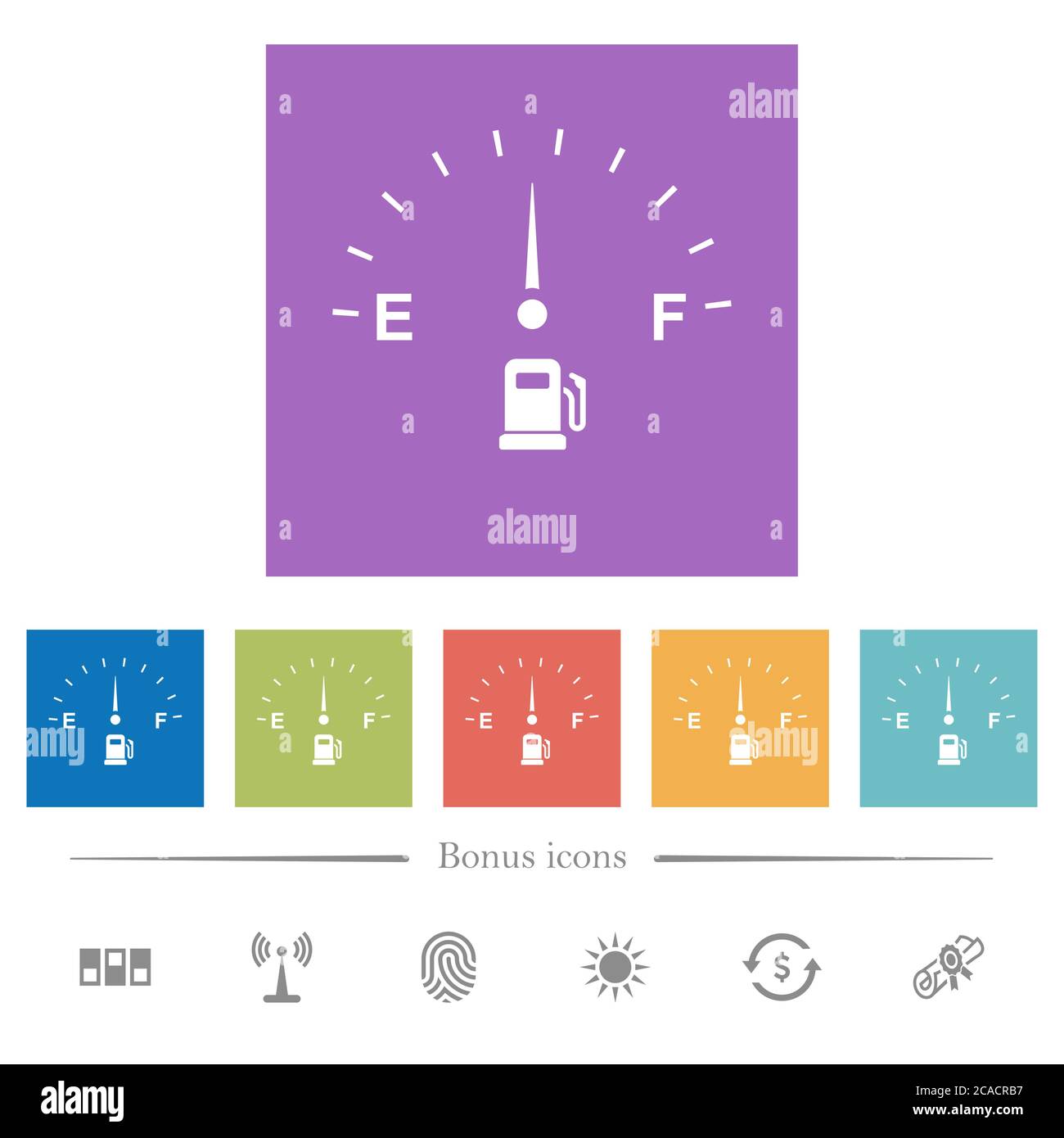 Icônes blanches plates de l'indicateur de niveau de carburant sur fond carré. 6 icônes bonus incluses. Illustration de Vecteur