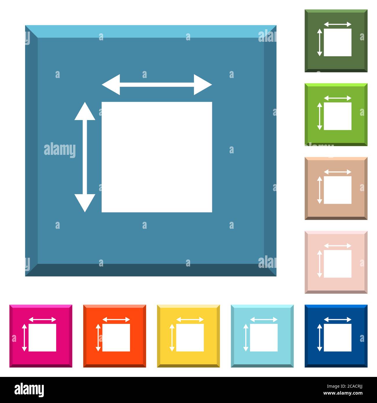 Elemet dimensions icônes blanches sur les boutons carrés bordés dans diverses couleurs tendance Illustration de Vecteur