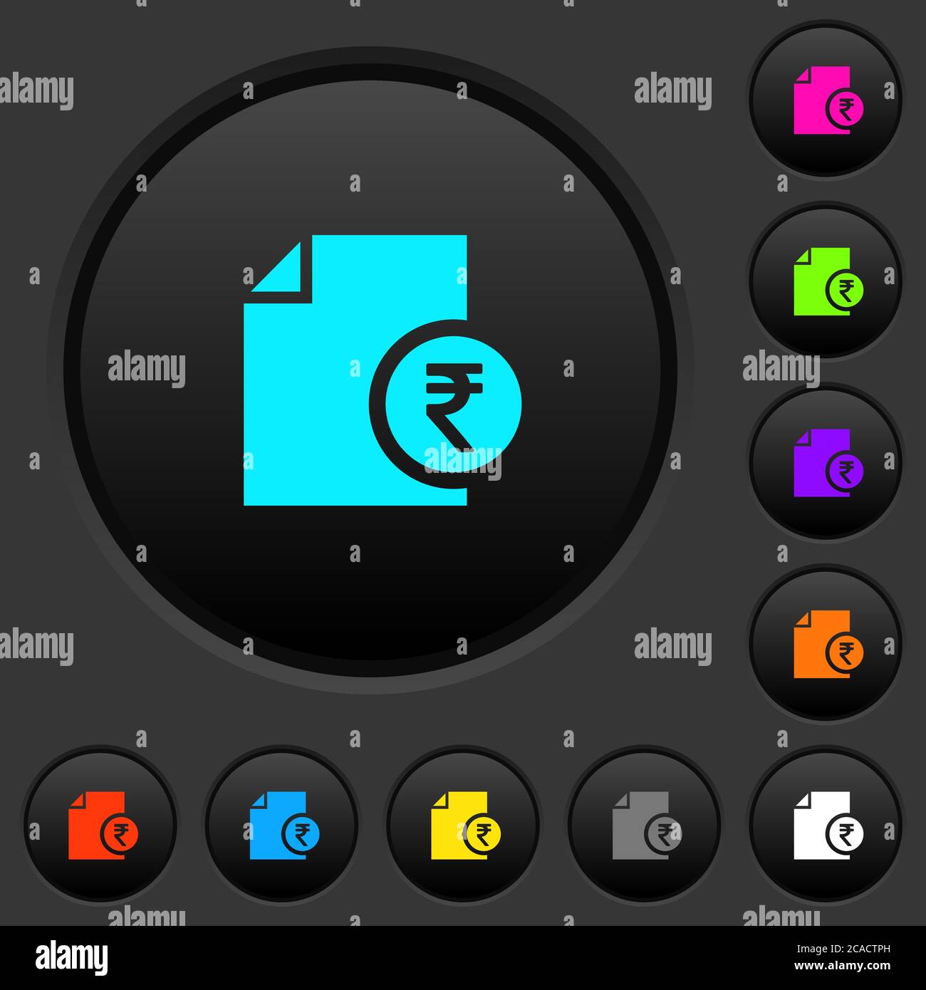 Rapport financier de la roupie indienne boutons-poussoirs sombres avec des icônes de couleur vive sur fond gris foncé Illustration de Vecteur