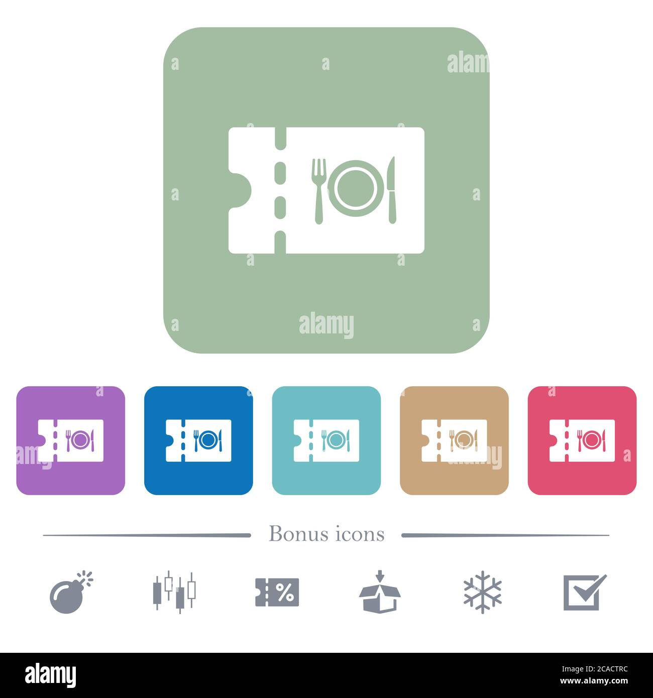 Bon de réduction pour manger des icônes plates blanches sur fond carré arrondi de couleur. 6 icônes bonus incluses Illustration de Vecteur
