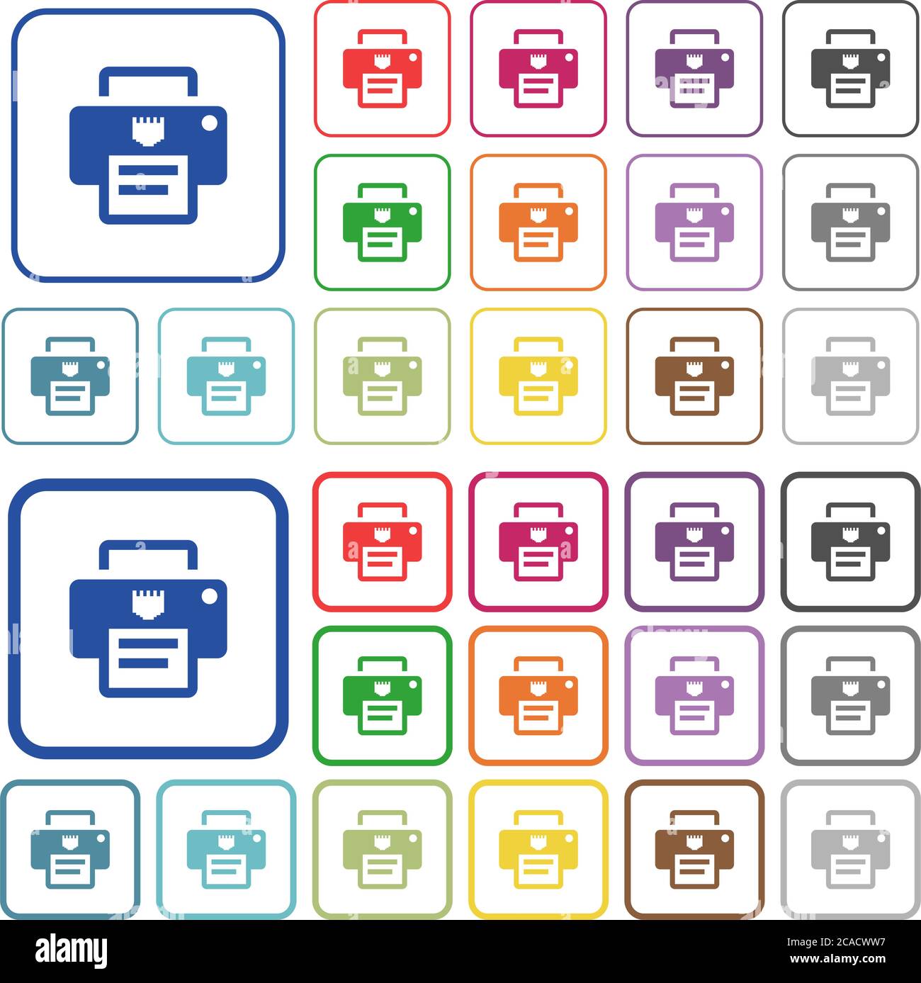 Icônes plates couleur de l'imprimante IP dans des cadres carrés arrondis. Versions minces et épaisses incluses. Illustration de Vecteur