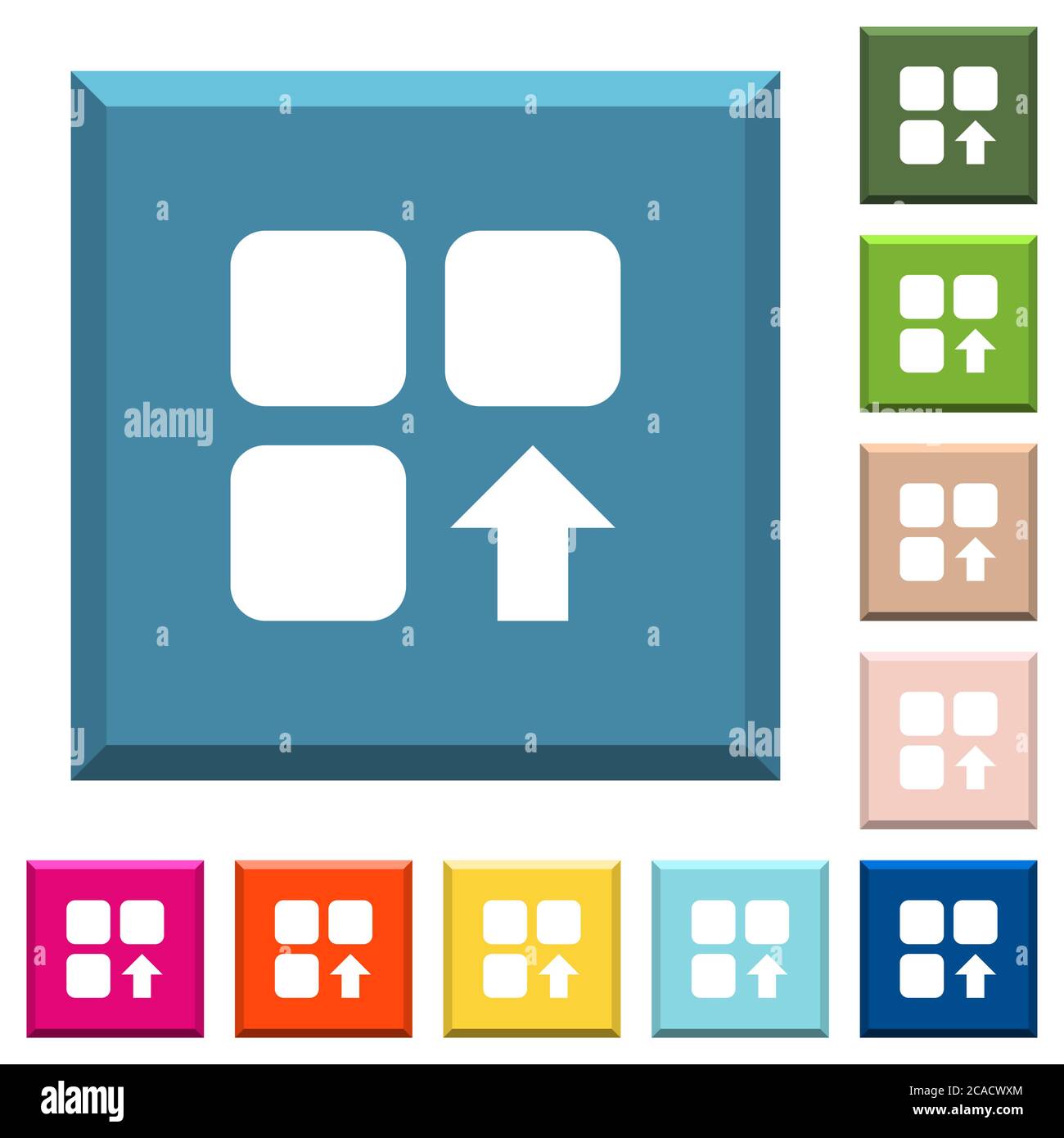 Déplacez vers le haut les icônes blanches des composants sur les boutons carrés avec bords dans différentes couleurs tendance Illustration de Vecteur