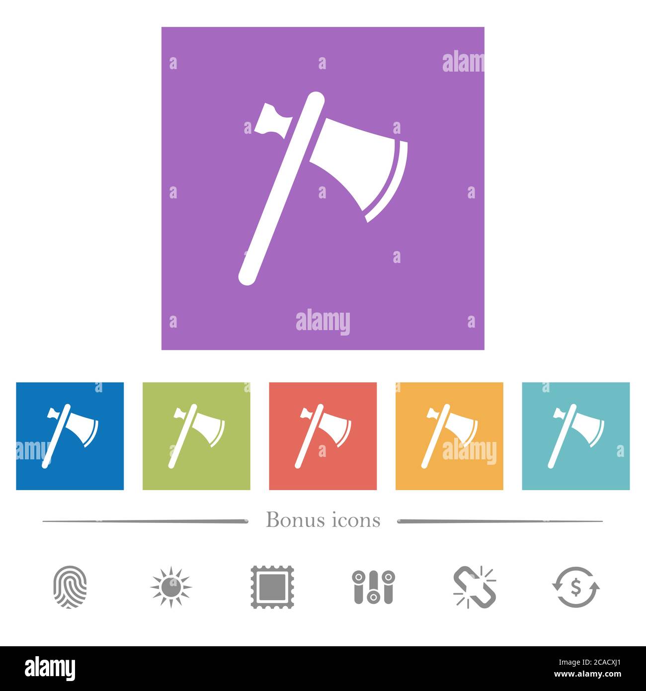 Icônes de tomahawk blanc plat sur fond carré. 6 icônes bonus incluses. Illustration de Vecteur
