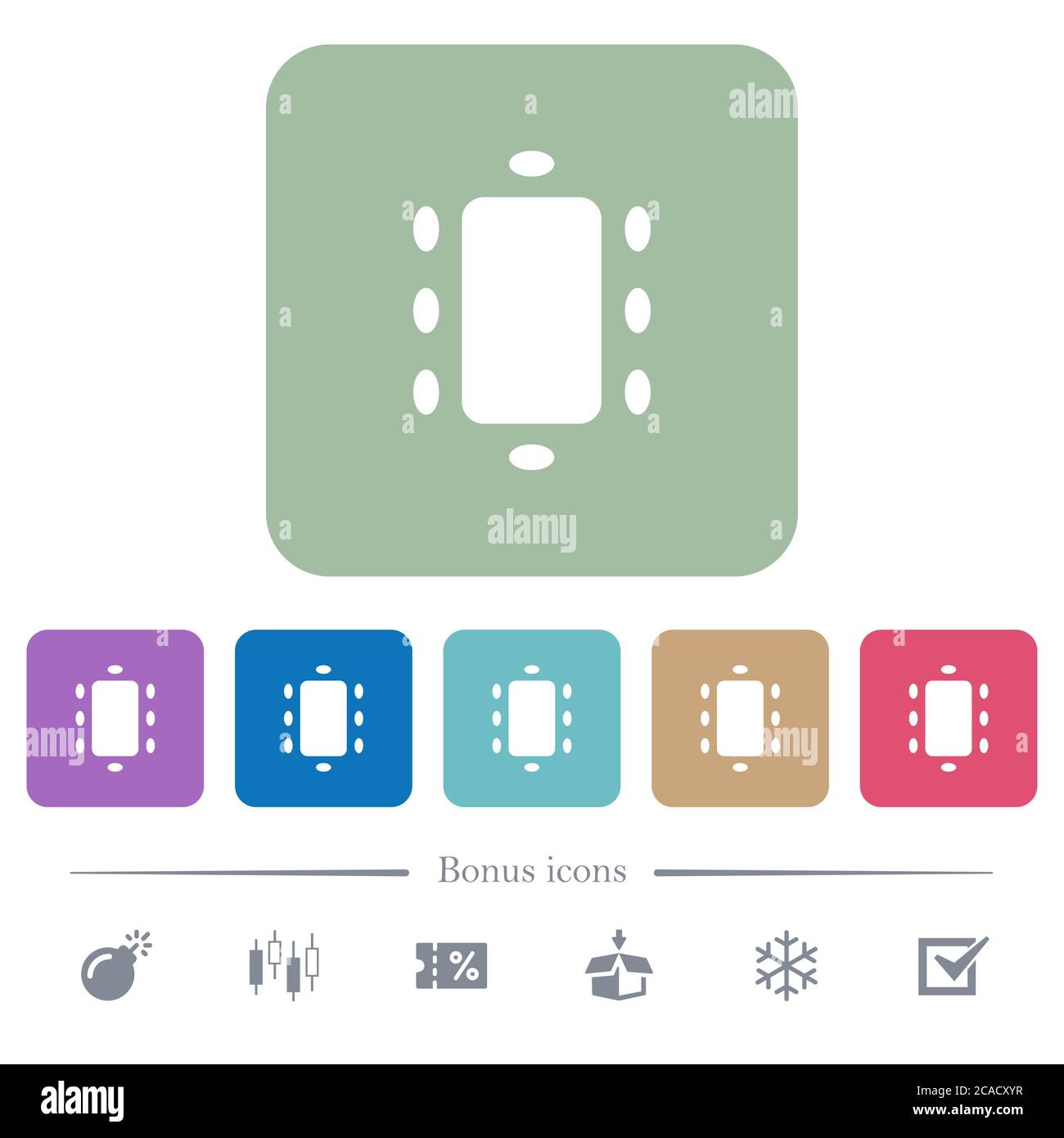 Rencontre des icônes blanches plates sur des arrière-plans carrés de couleur arrondie. 6 icônes bonus incluses Illustration de Vecteur