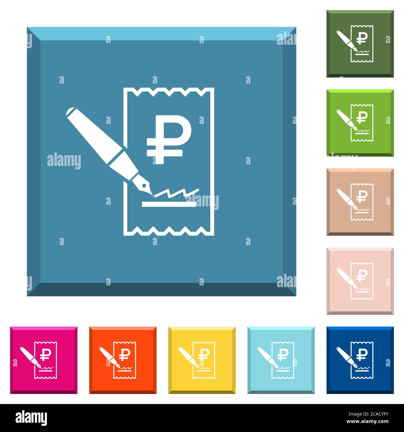 Signature Ruble vérifier les icônes blanches sur les boutons carrés bordés dans diverses couleurs tendance Illustration de Vecteur
