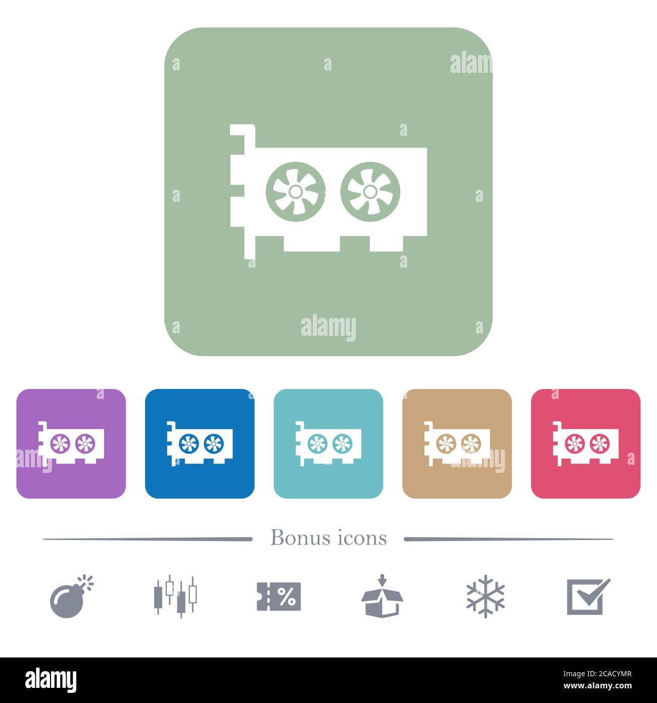 Carte vidéo d'ordinateur icônes plates blanches sur fond carré arrondi de couleur. 6 icônes bonus incluses Illustration de Vecteur