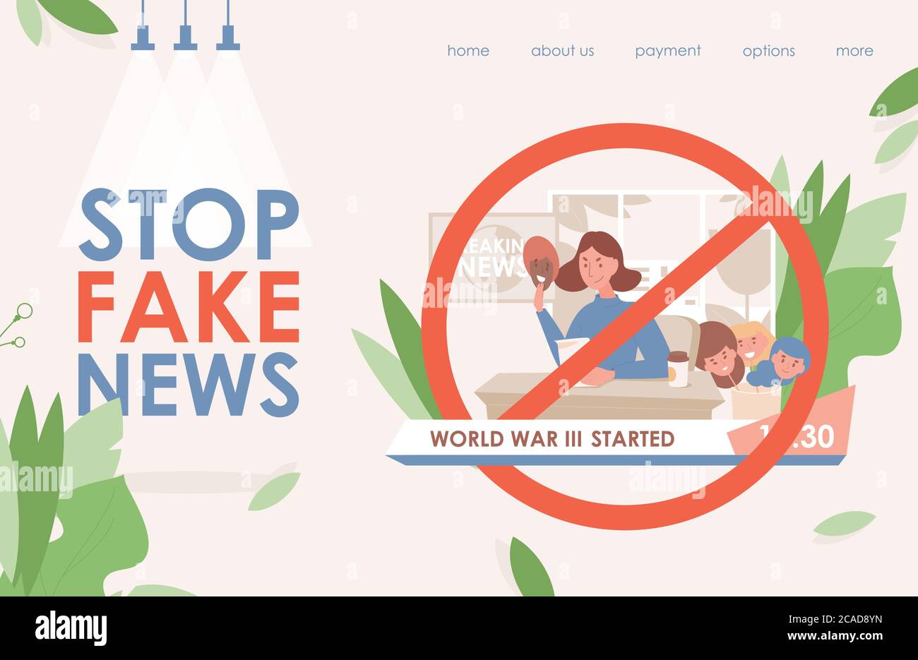 Arrêter les fausses nouvelles dans le modèle de page d'arrivée à plat de vecteur tv et Internet. Une jeune femme en colère change de masque et dit de la désinformation. Arrêtez Hoax et vérifiez le modèle de site Web d'actualités. Illustration de Vecteur