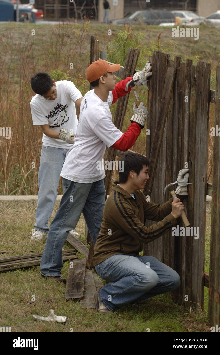 Austin, Texas, États-Unis, 25 février 2006 : étudiants de l'université du Texas sprucing up the St. Le quartier de John au nord-est d'Austin dans le cadre d'une journée de bénévolat sur tout le campus. ©Bob Daemmrich Banque D'Images