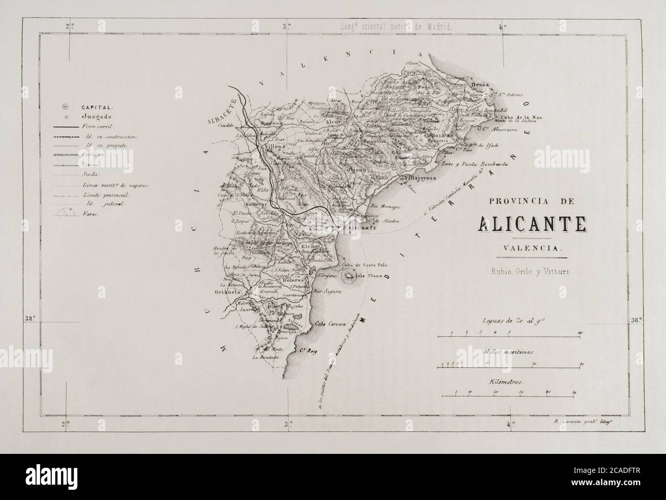 Espagne. Carte de la province d'Alicante, 19e siècle. Cronica général de España. Historia Ilustrada y Descriptiva de sus Provincias. Valence, 1867. Banque D'Images